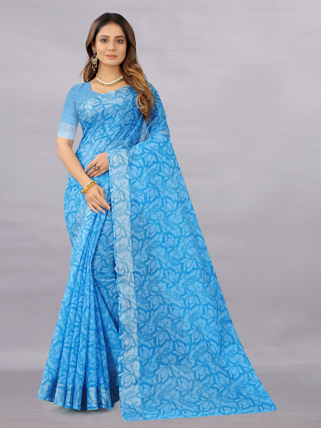 

APNISHA Blue Floral Pure Cotton Saree