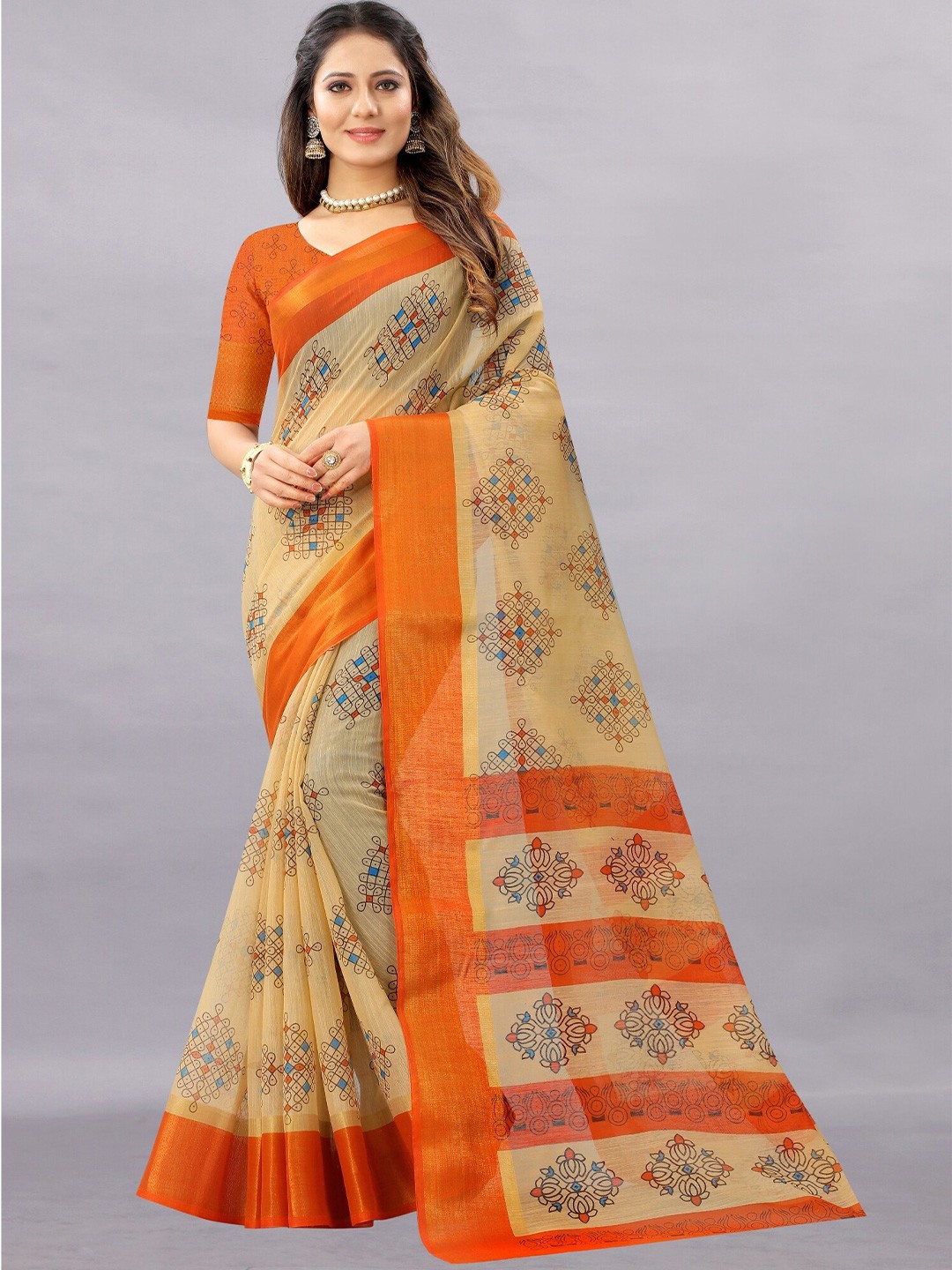 

APNISHA Orange & Blue Floral Pure Cotton Saree