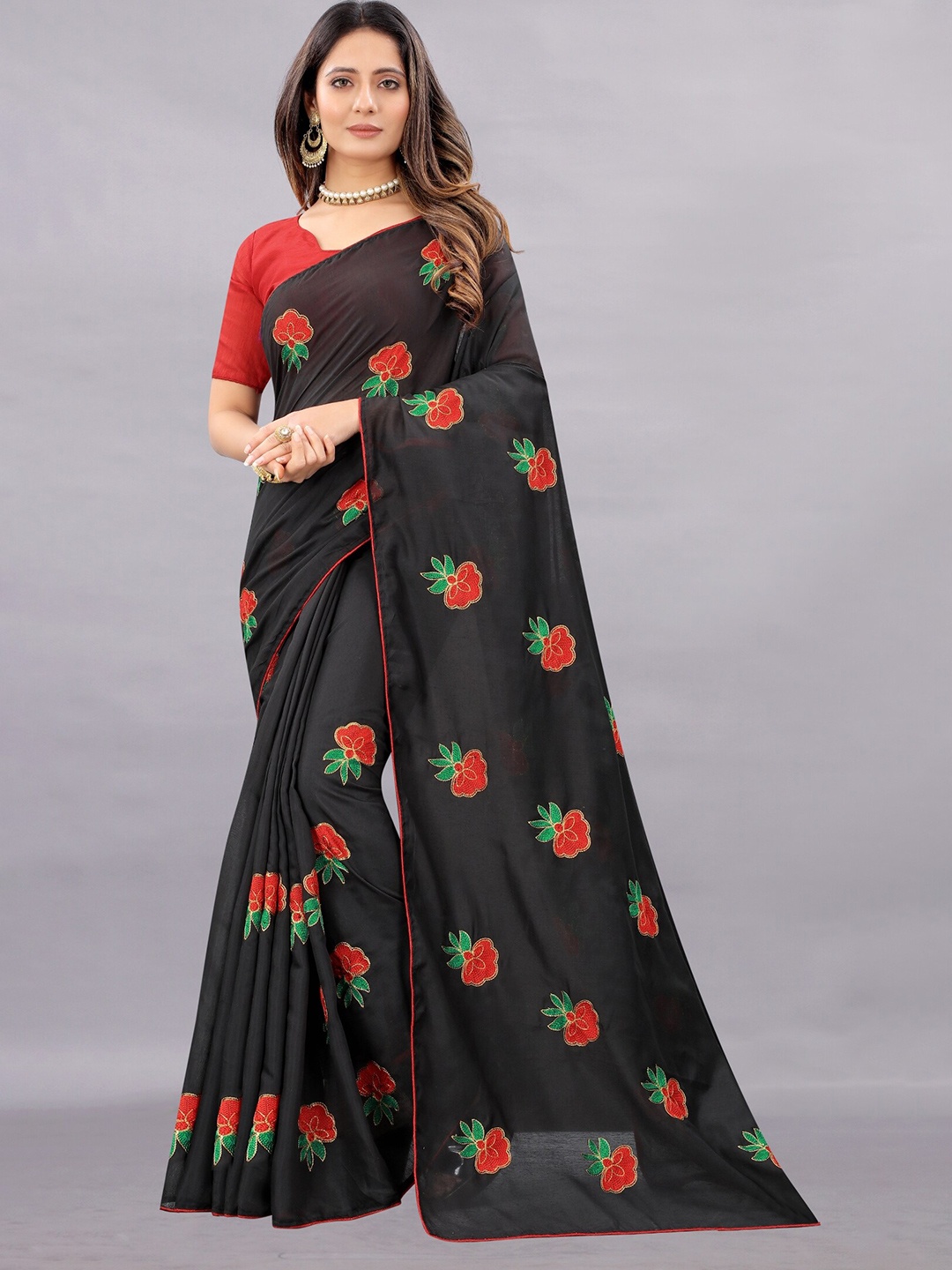 

APNISHA Black & Red Floral Embroidered Pure Cotton Saree