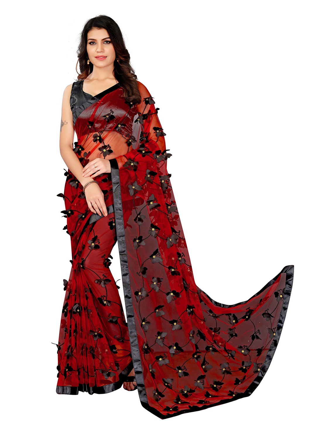 

APNISHA Red & Black Floral Zari Net Saree