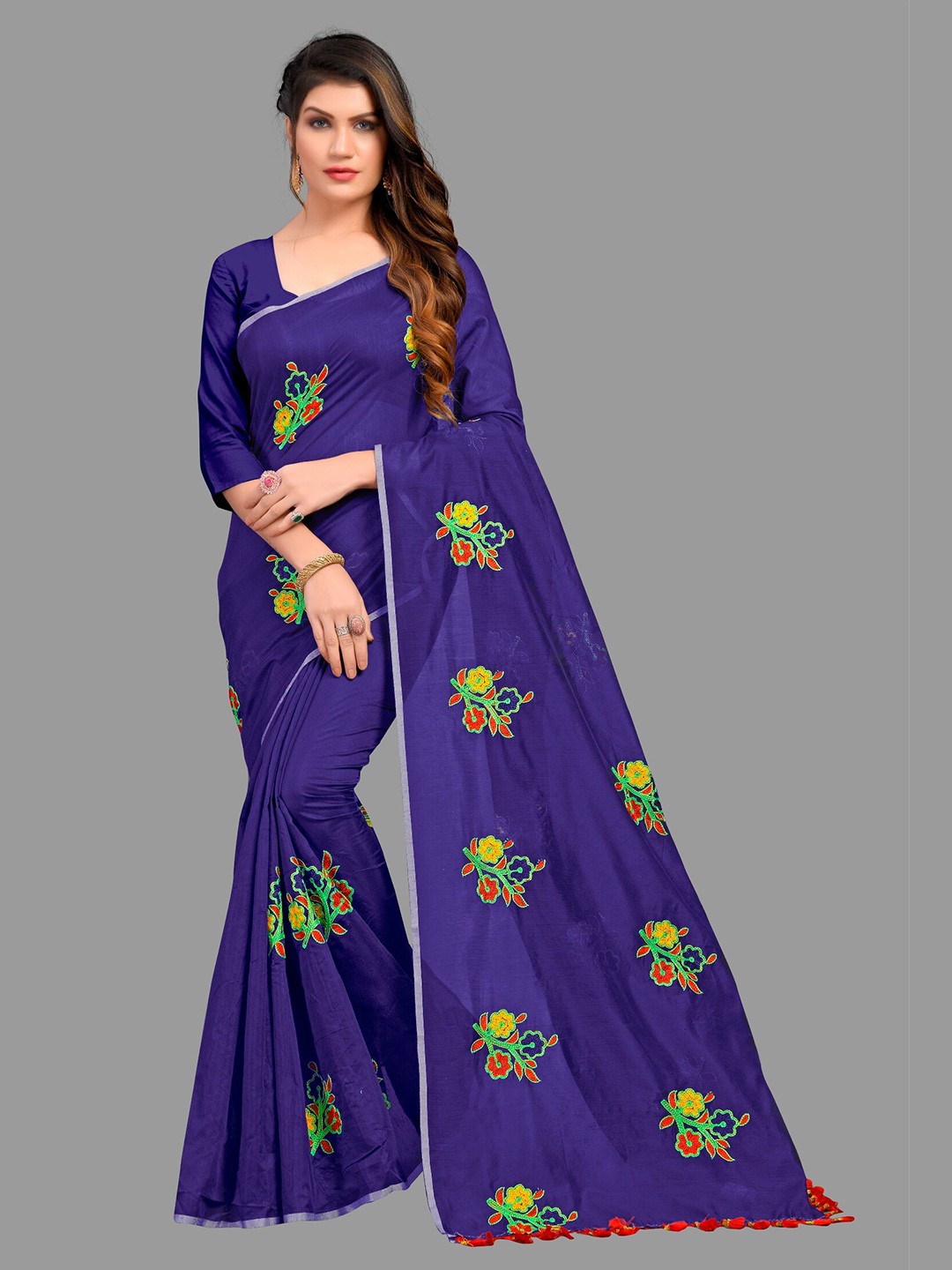 

APNISHA Navy Blue & Yellow Floral Pure Cotton Saree