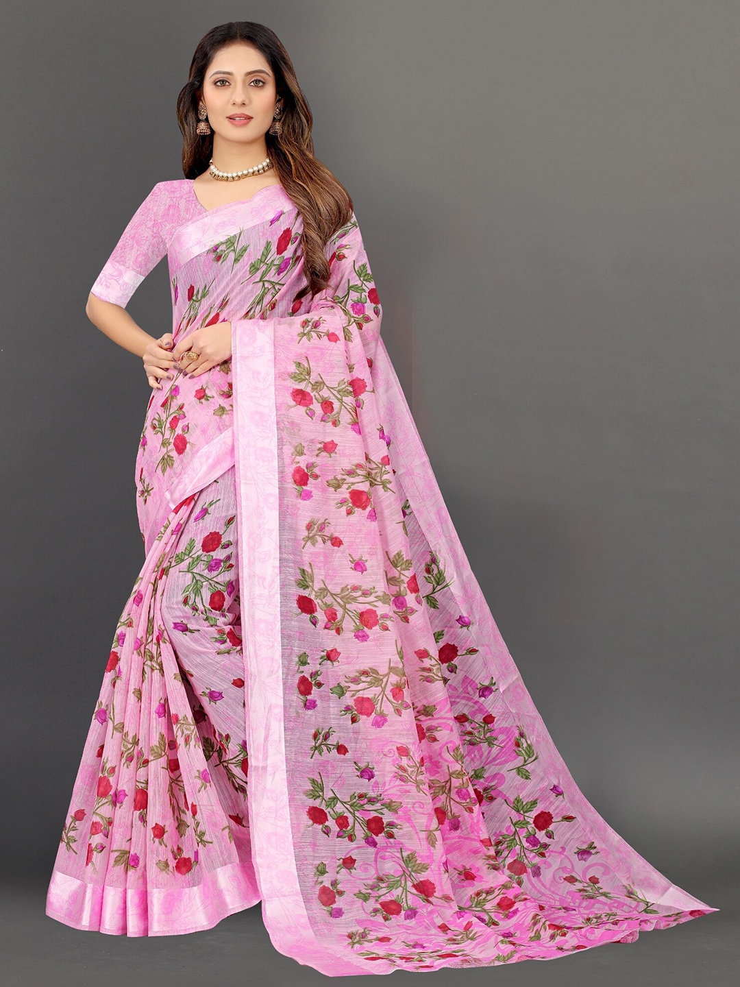 

APNISHA Pink & Green Floral Saree