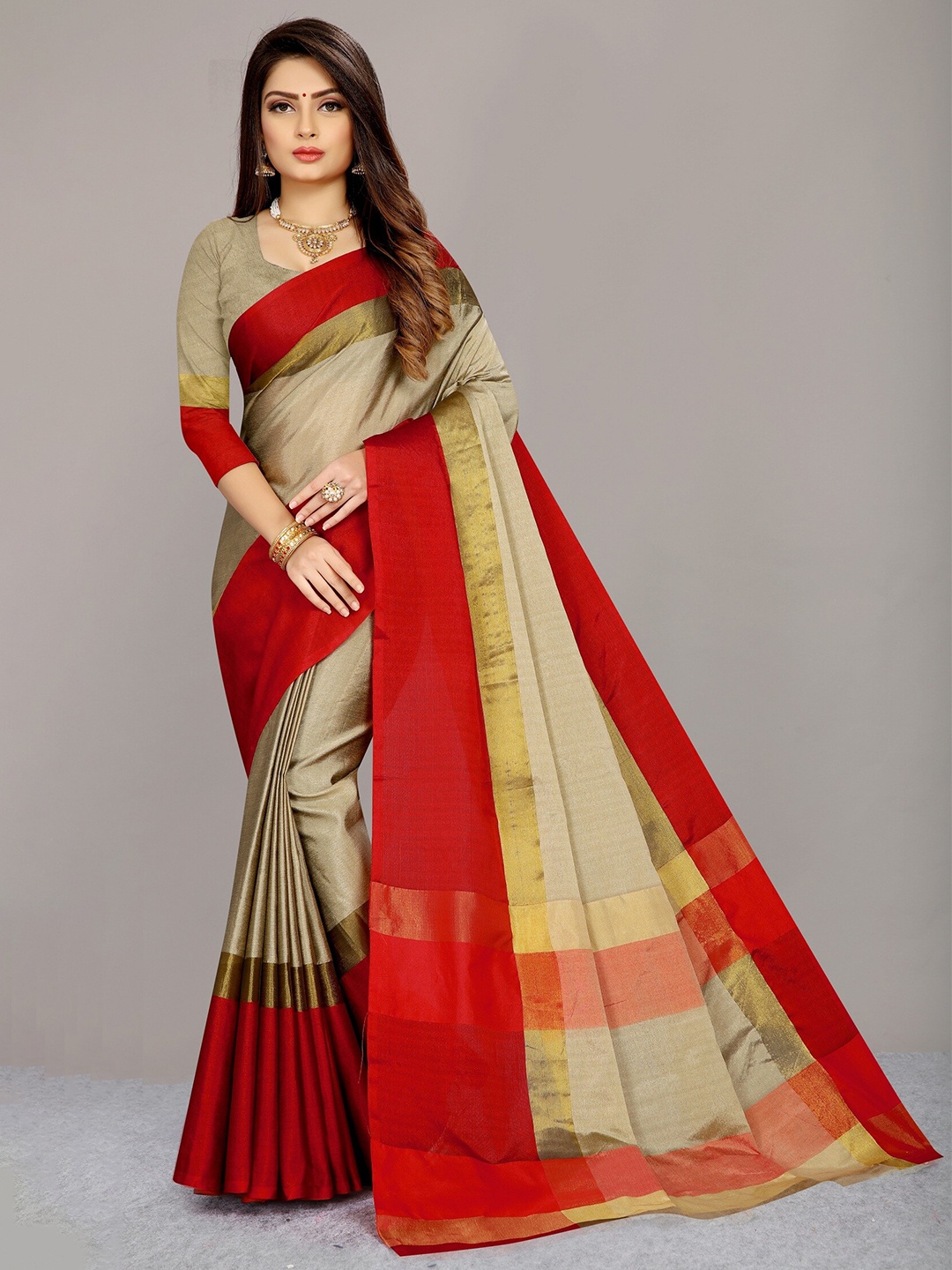 

APNISHA Beige & Red Woven Design Pure Cotton Saree