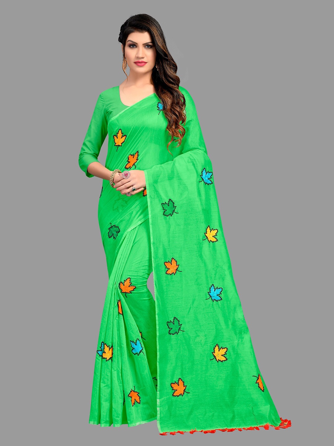 

APNISHA Green & Yellow Floral Embroidered Pure Cotton Saree