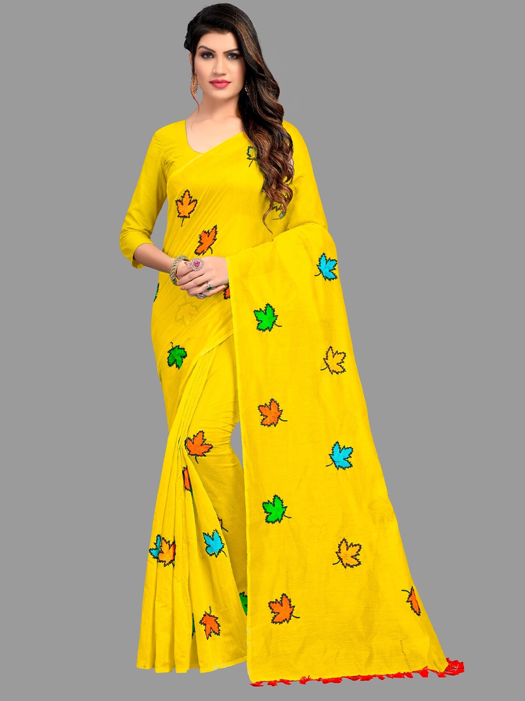 

APNISHA Yellow & Red Floral Embroidered Pure Cotton Saree