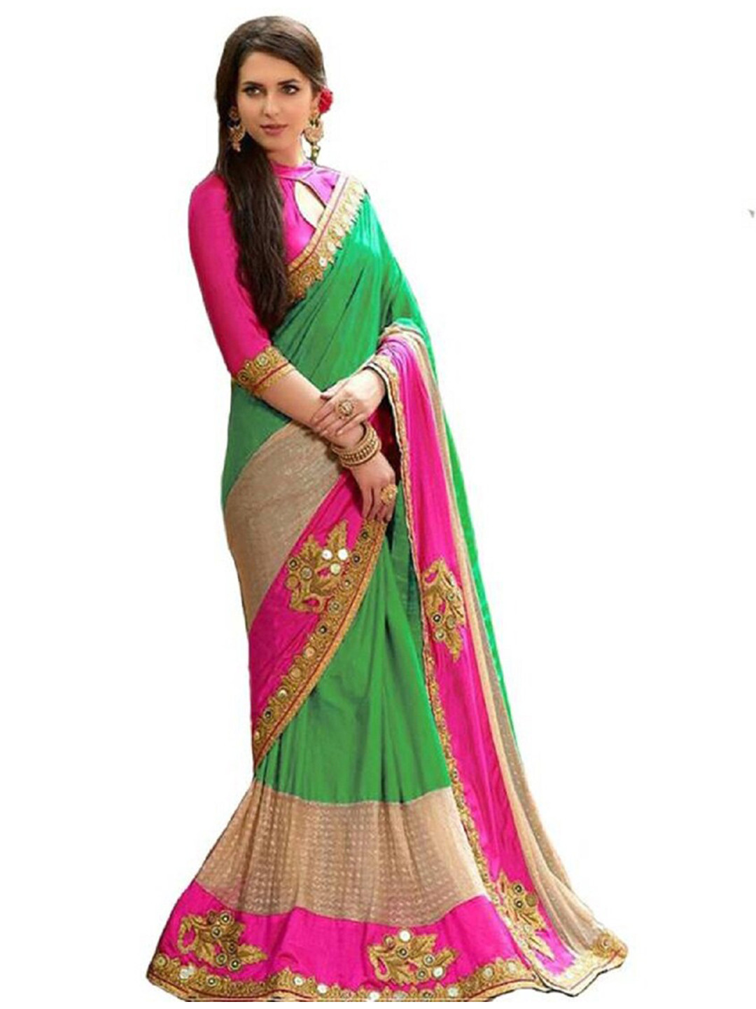 

APNISHA Green & Pink Embellished Zari Pure Silk Saree