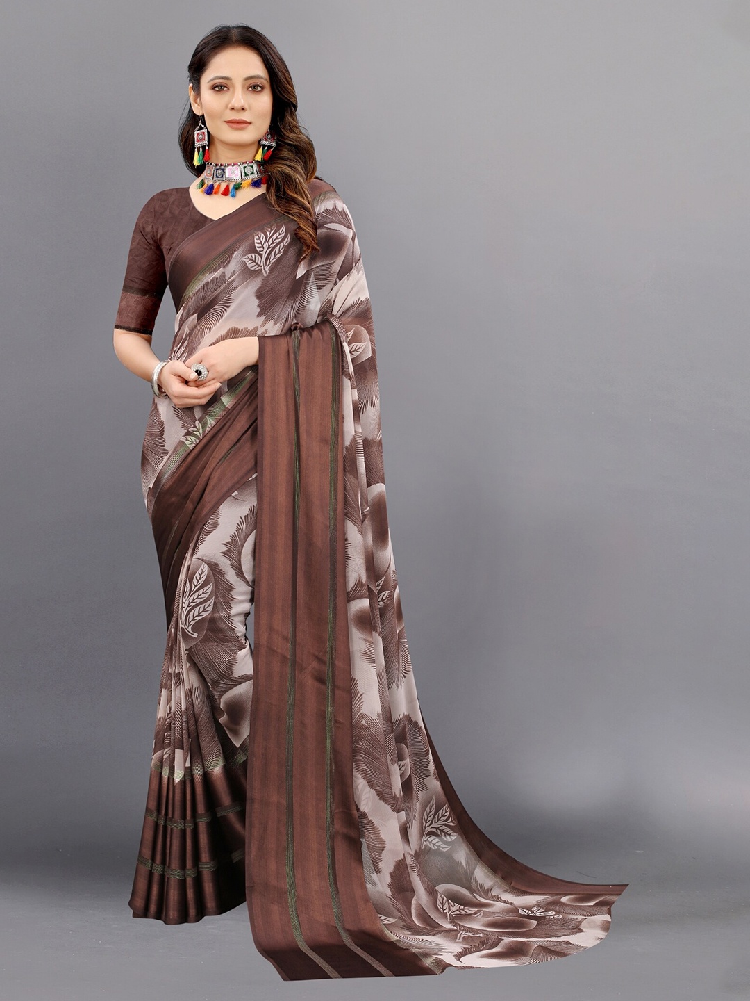 

APNISHA Brown & Grey Floral Pure Georgette Saree