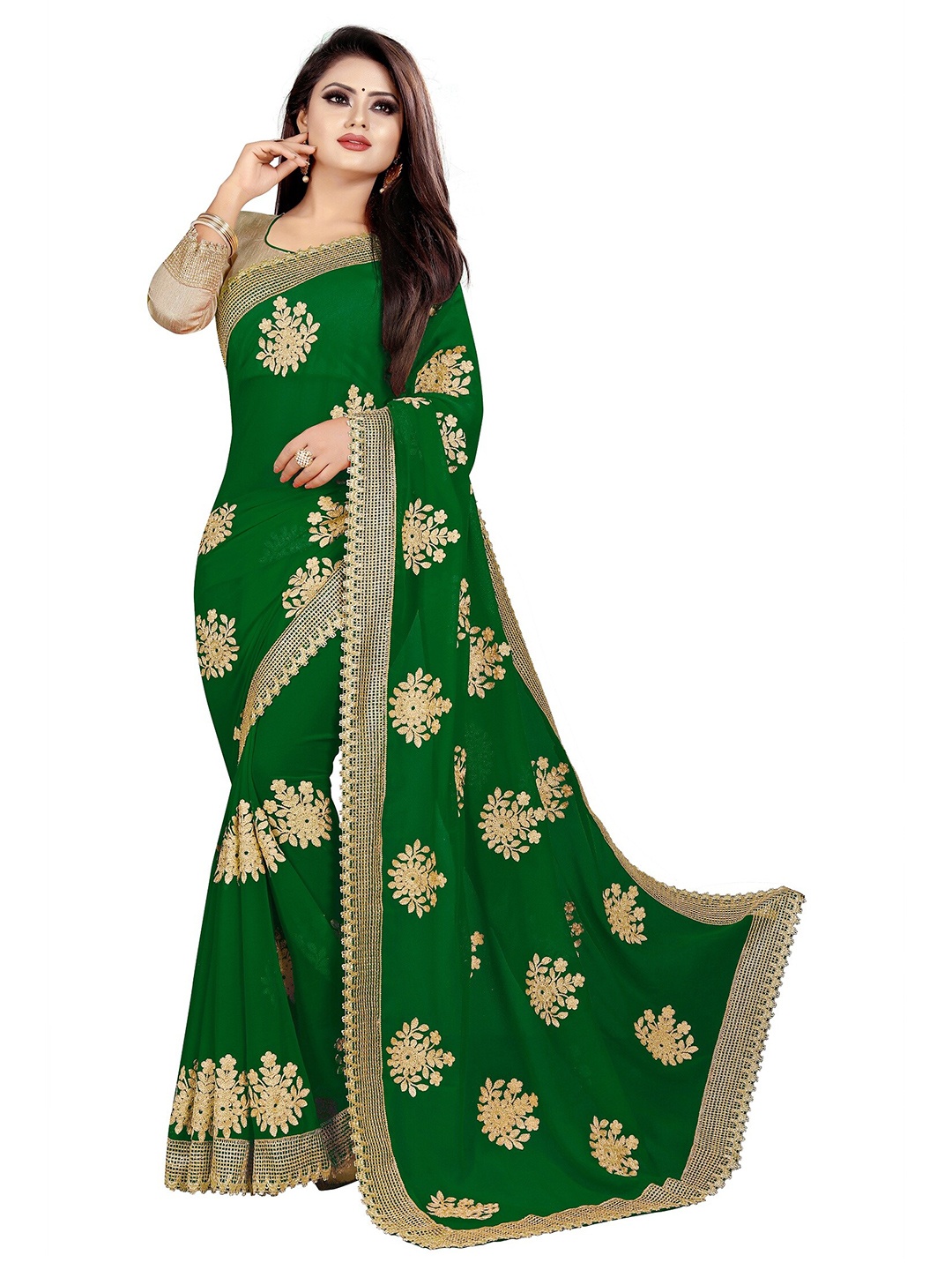 

APNISHA Green & Gold-Toned Floral Zari Pure Georgette Heavy Work Saree