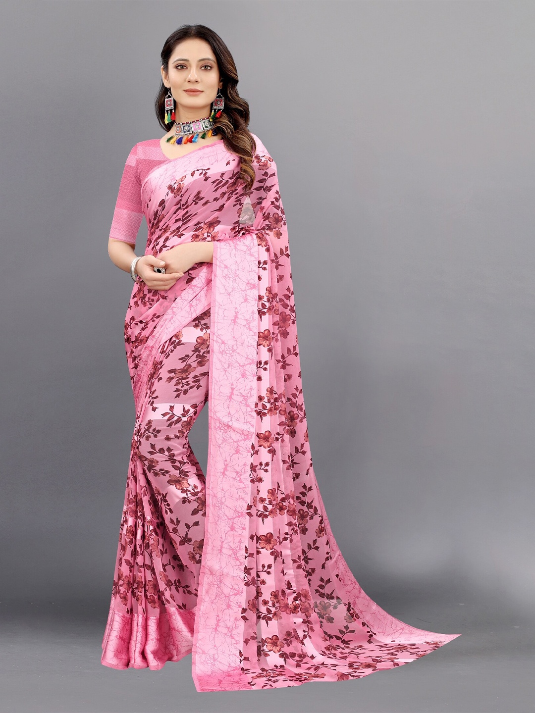 

APNISHA Peach-Coloured & Brown Floral Pure Georgette Saree