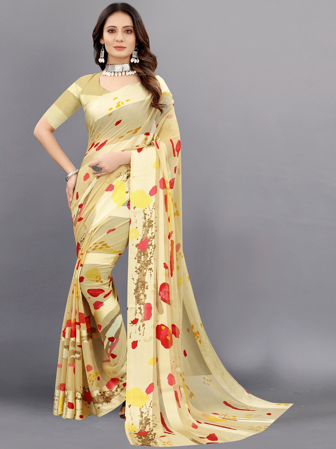 

APNISHA Beige & Red Pure Georgette Saree