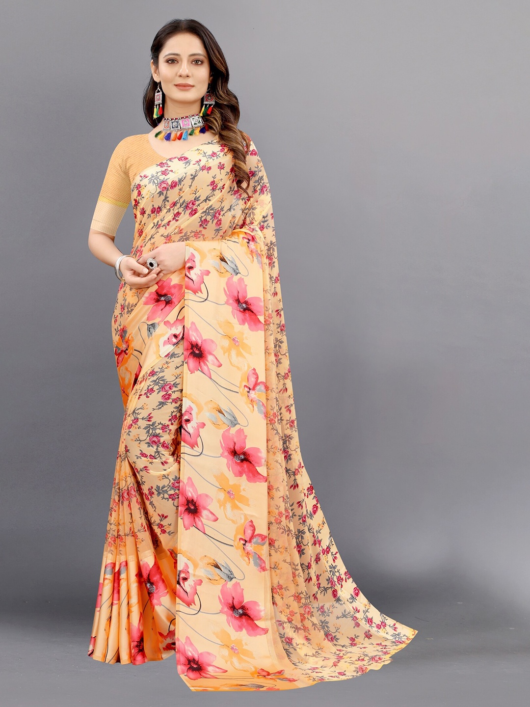 

APNISHA Yellow & Pink Floral Pure Georgette Saree