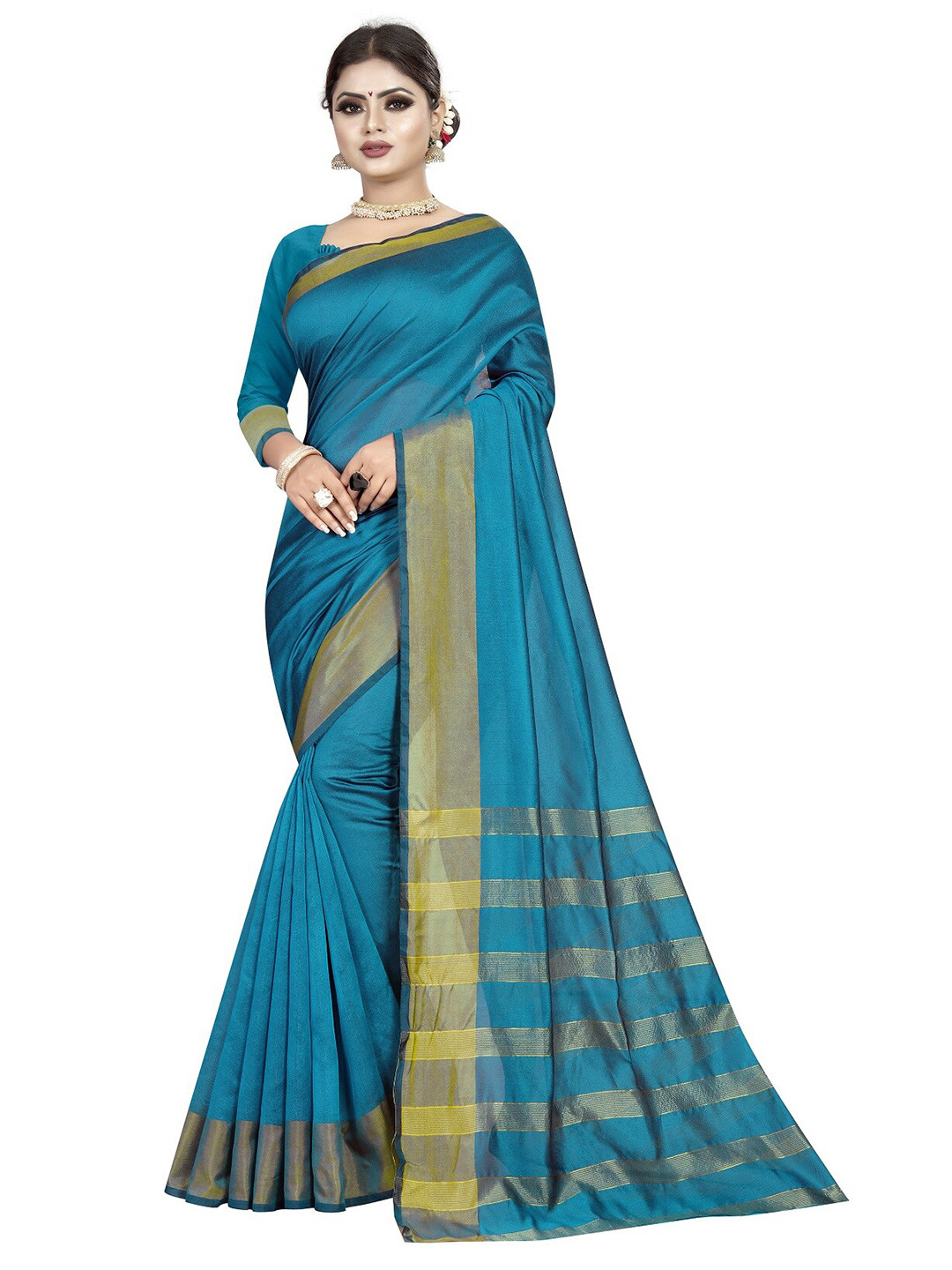 

APNISHA Blue & Gold-Toned Striped Pure Cotton Saree
