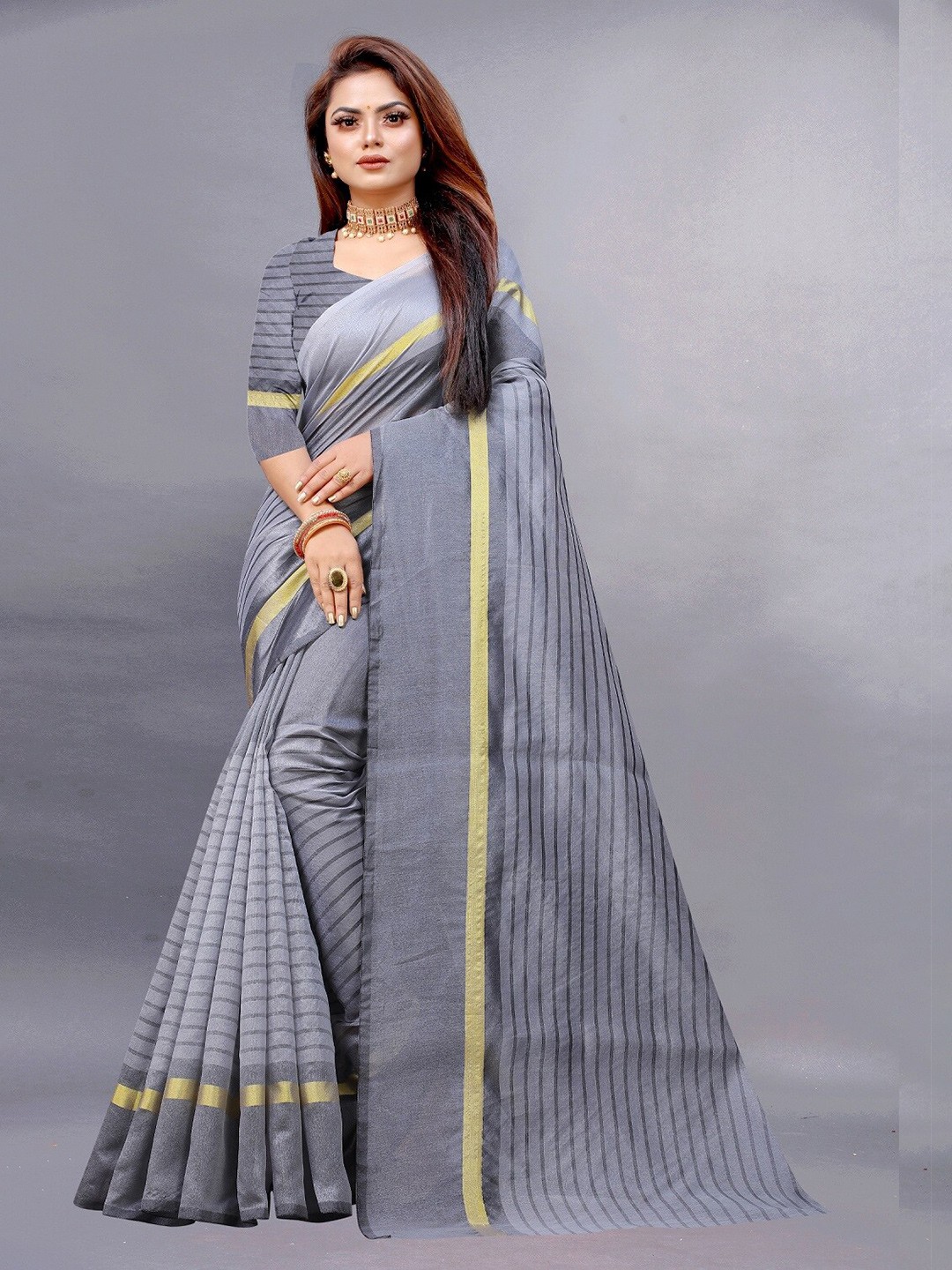 

APNISHA Grey & Gold-Toned Striped Pure Cotton Saree