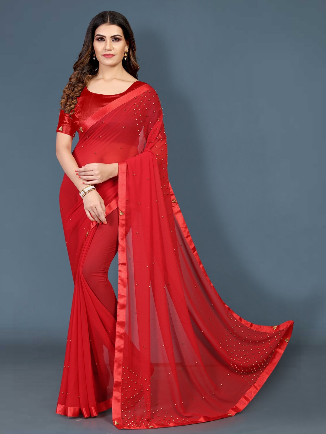 

APNISHA Red Embellished Beads and Stones Pure Georgette Saree