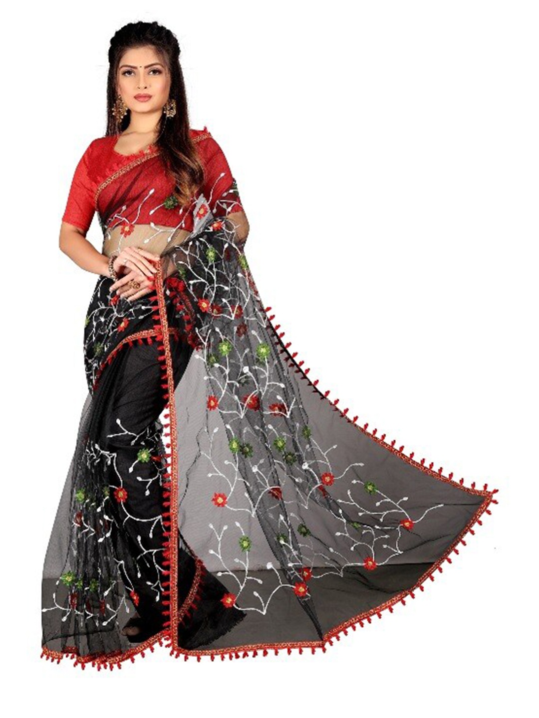 

APNISHA Black & Red Floral Net Saree