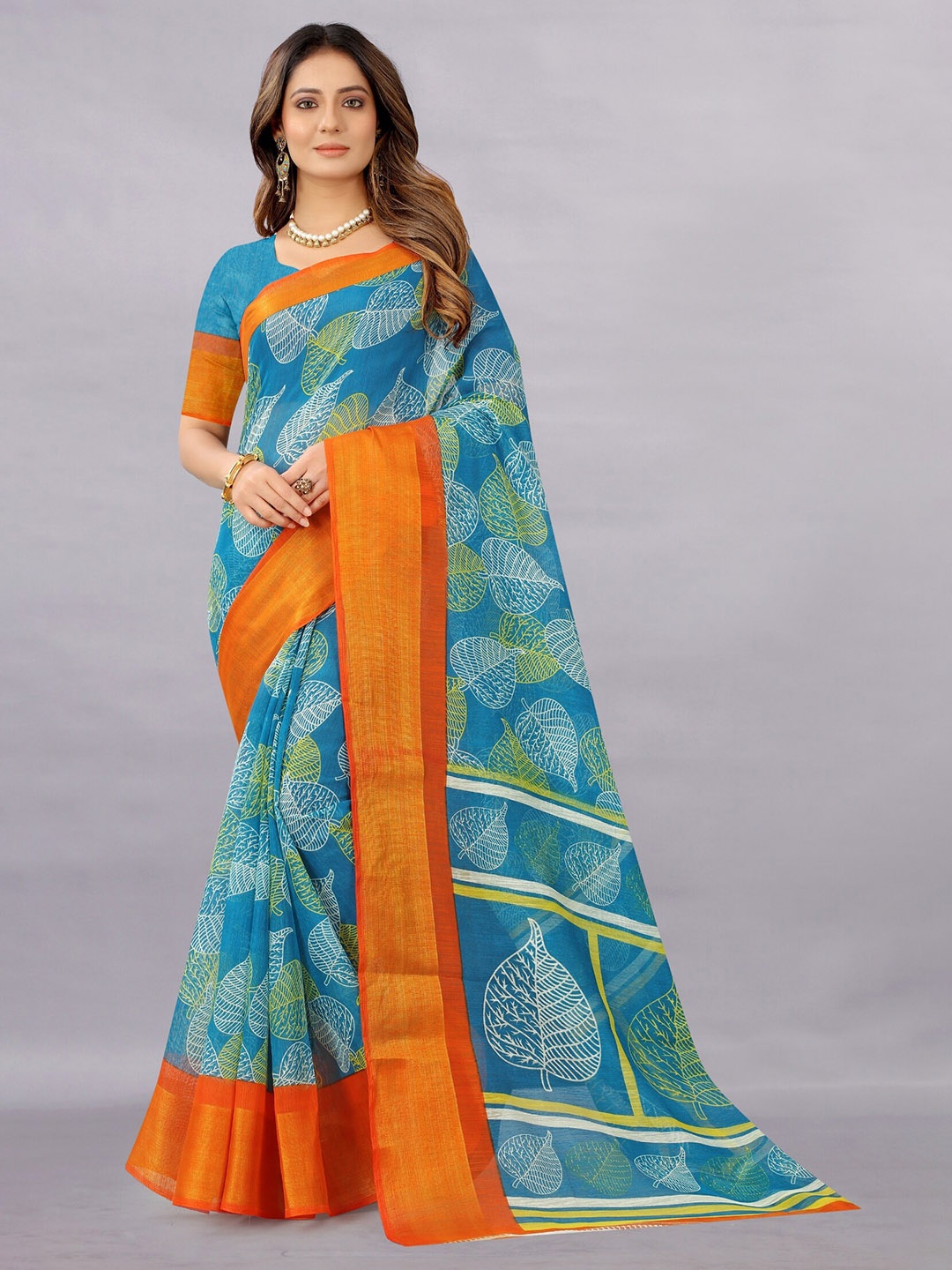 

APNISHA Blue & Orange Floral Zari Pure Cotton Saree
