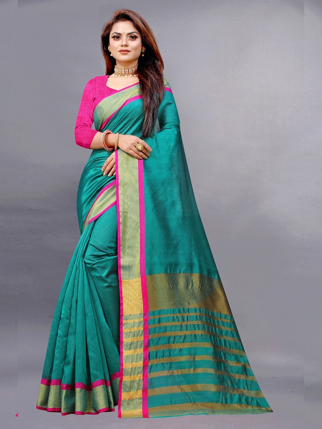 

APNISHA Teal & Fuchsia Zari Pure Cotton Saree