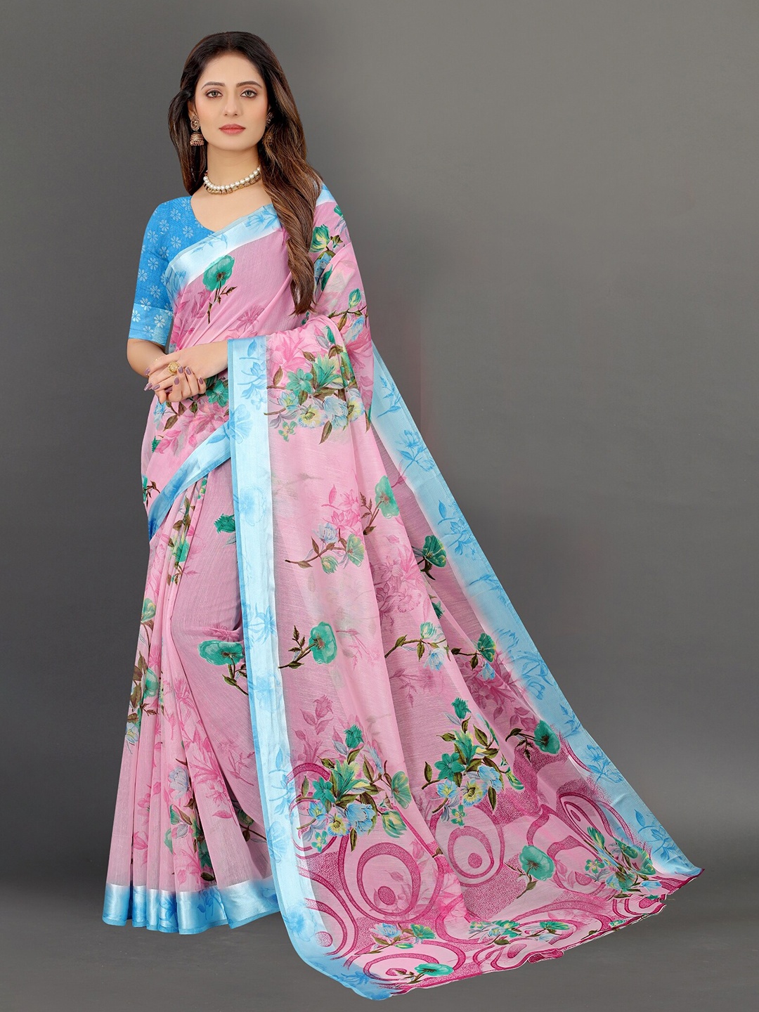 

APNISHA Pink & Blue Floral Saree