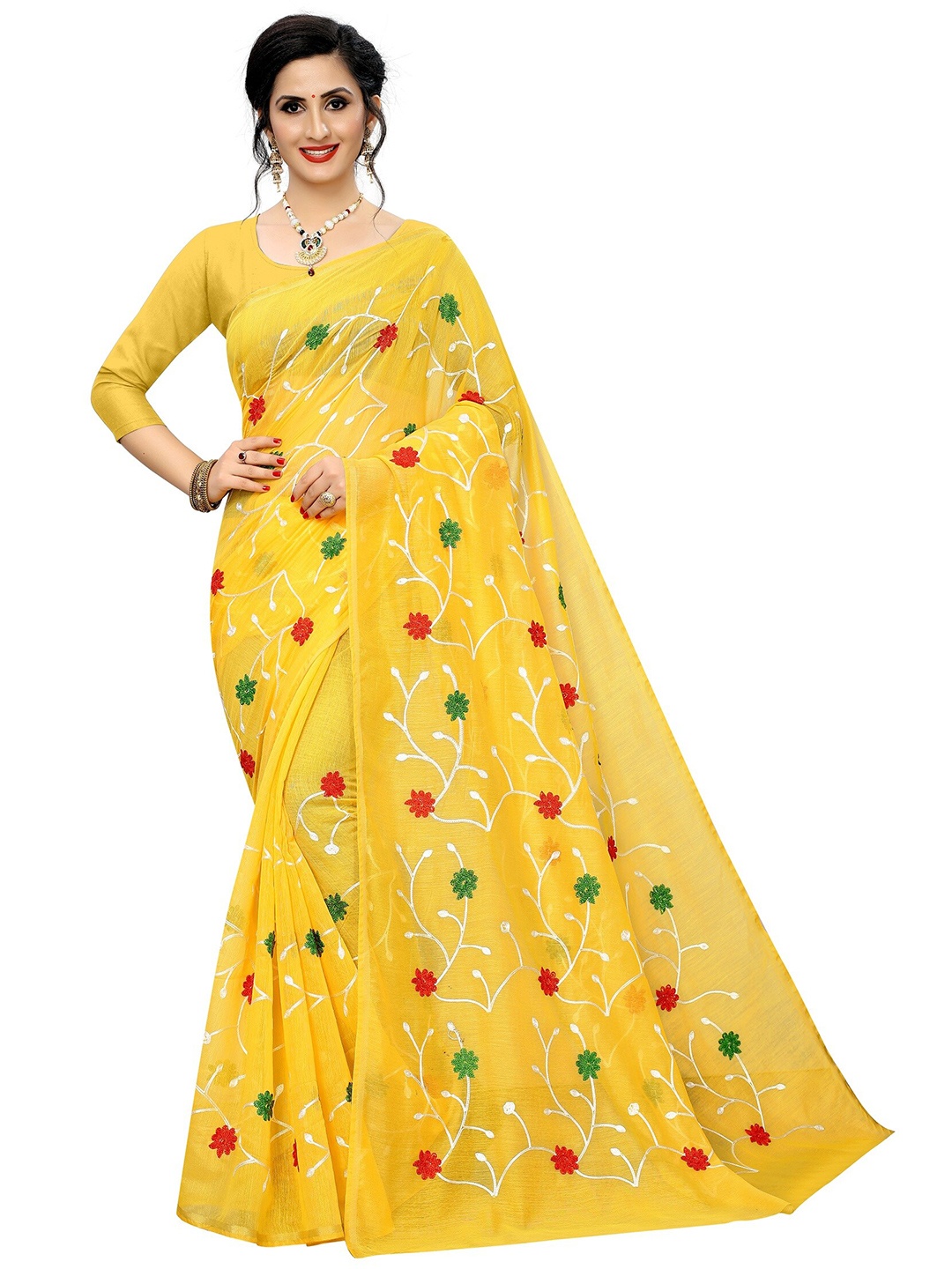 

APNISHA Yellow & Red Embellished Pure Cotton Saree