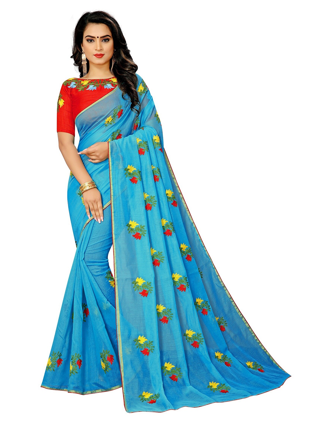 

APNISHA Blue & Red Floral Embroidered Pure Cotton Saree