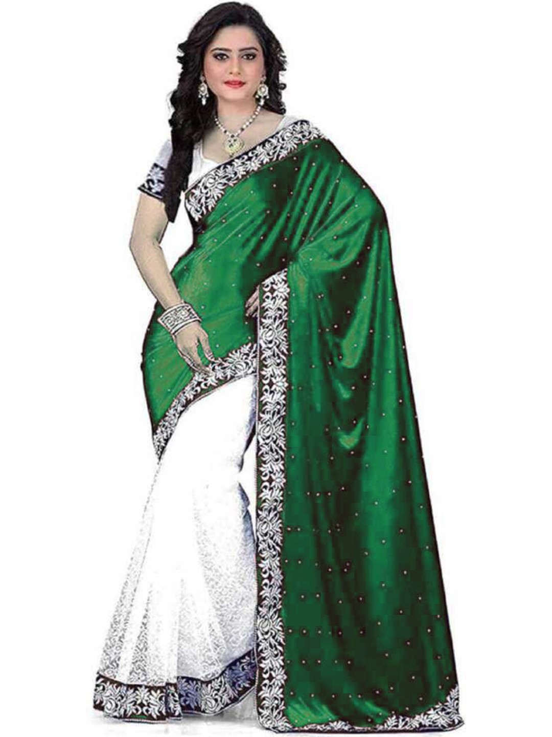 

APNISHA Green & White Embellished Velvet Half and Half Saree