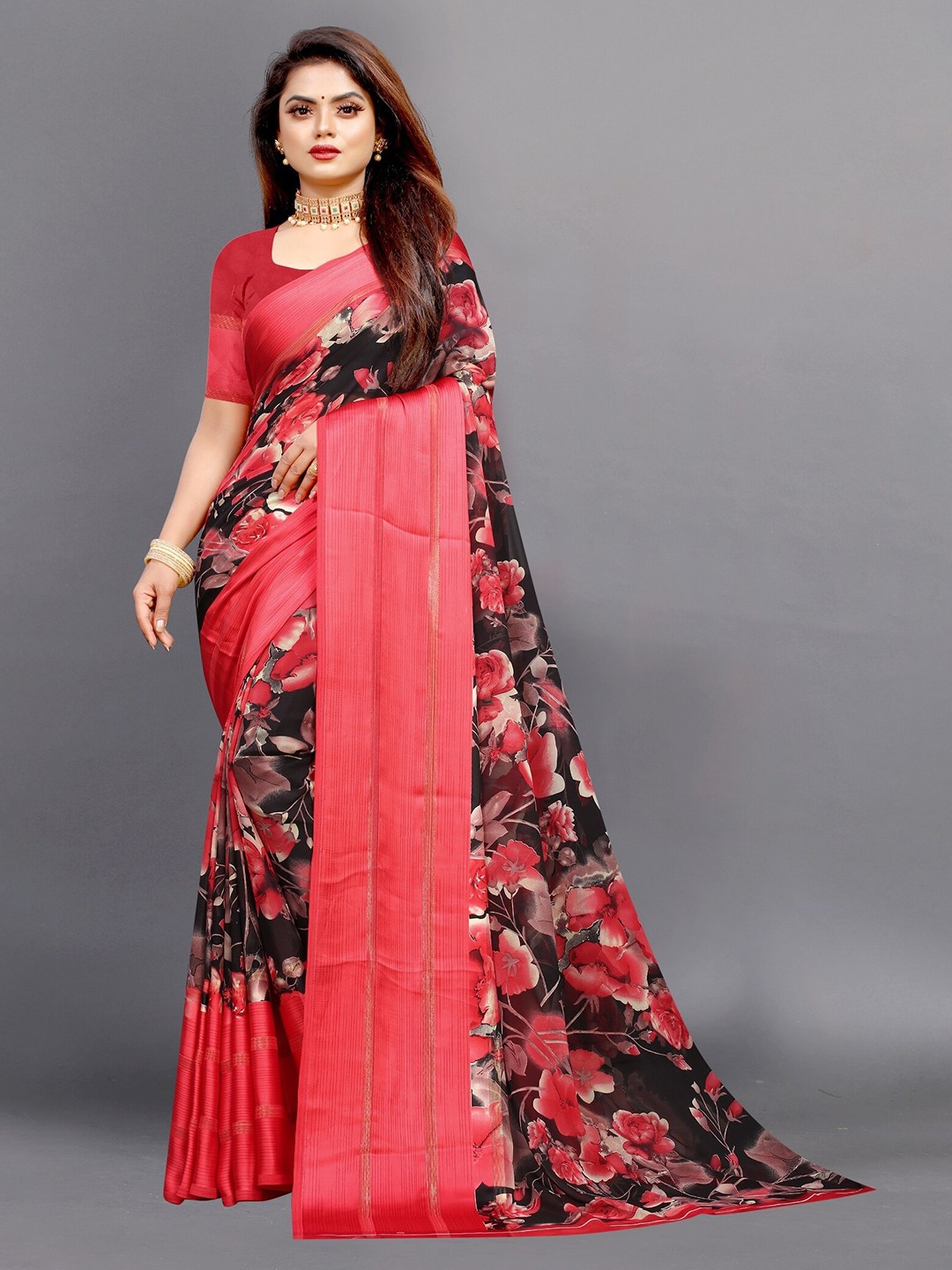 

APNISHA Red & Black Floral Pure Georgette Saree