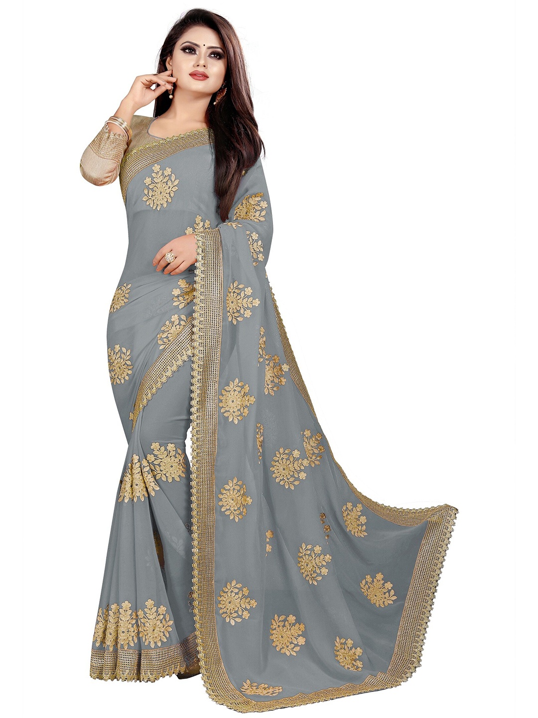 

APNISHA Grey & Gold-Toned Ethnic Motifs Embroidered Pure Georgette Saree