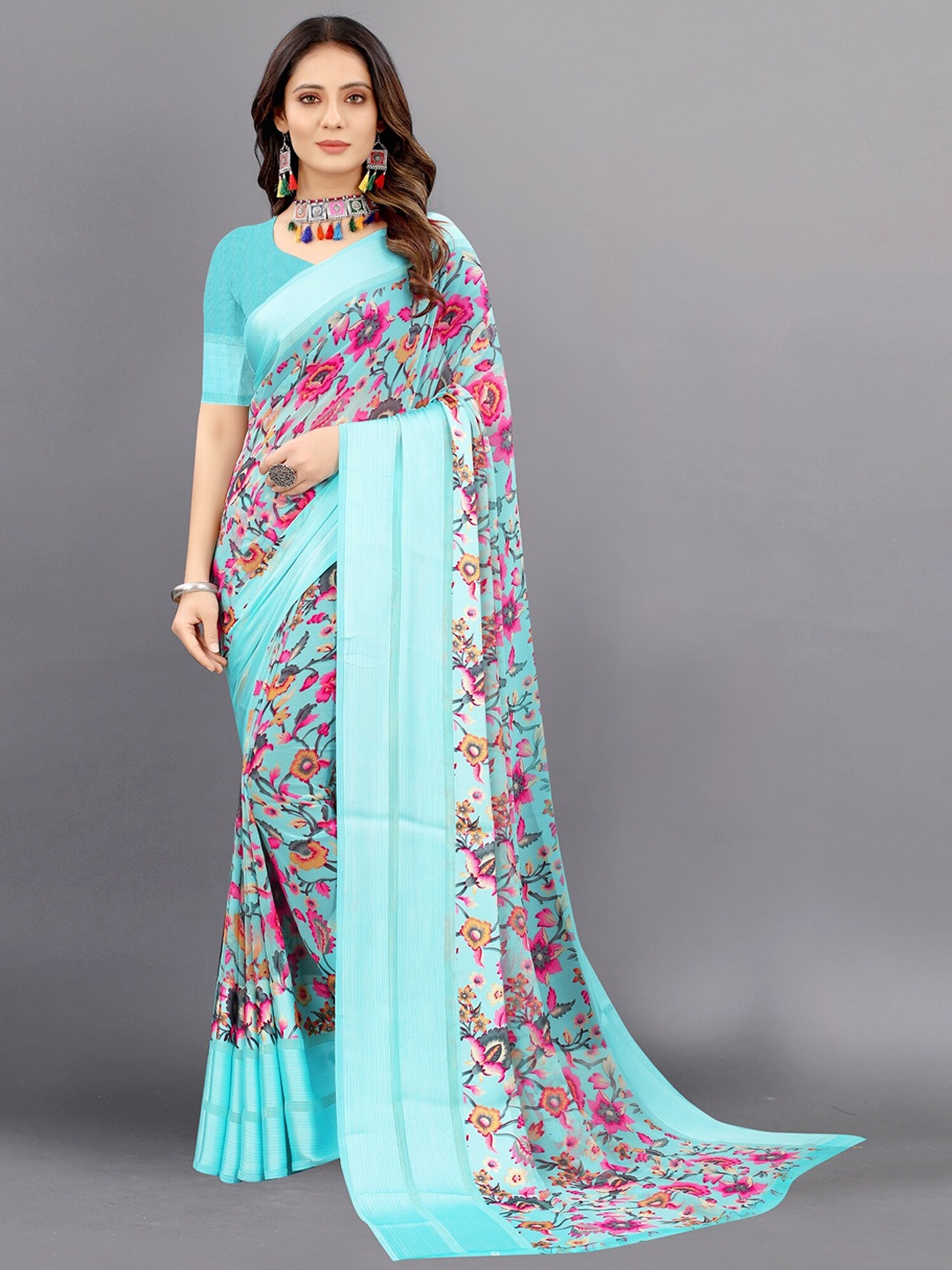 

APNISHA Blue & Pink Floral Pure Georgette Saree