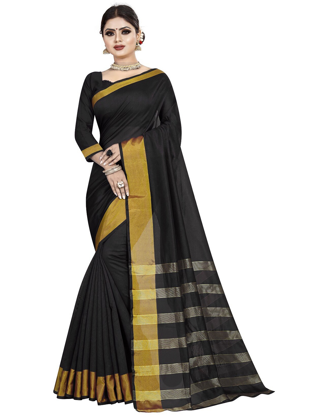 

APNISHA Black & Gold-Toned Zari Pure Cotton Saree