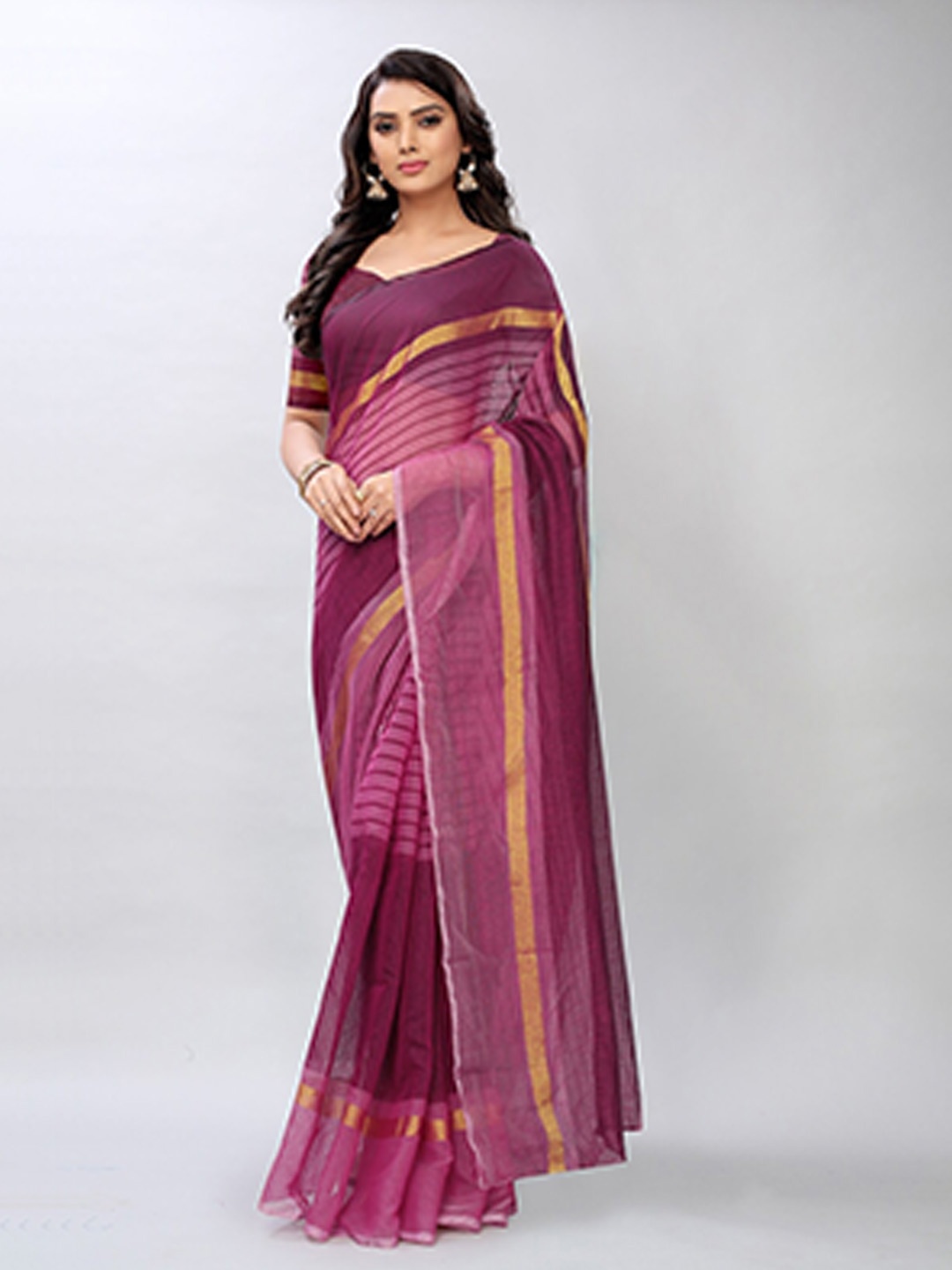 

APNISHA Purple & Pink Striped Pure Cotton Saree