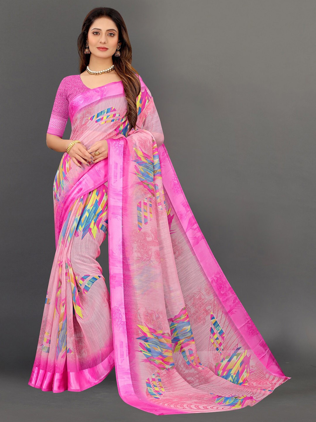 

APNISHA Pink & Blue Floral Saree