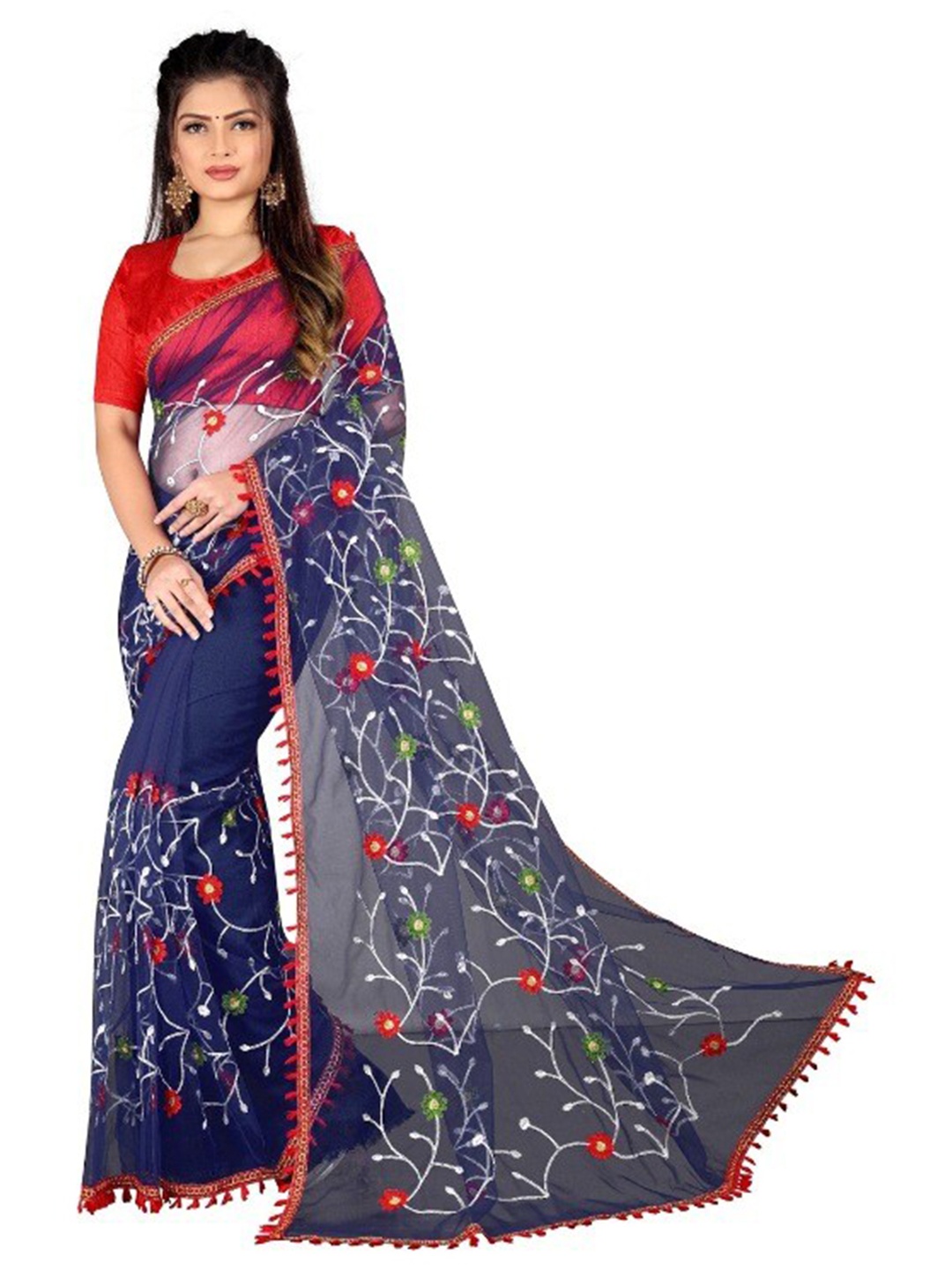 

APNISHA Navy Blue & White Floral Net Saree