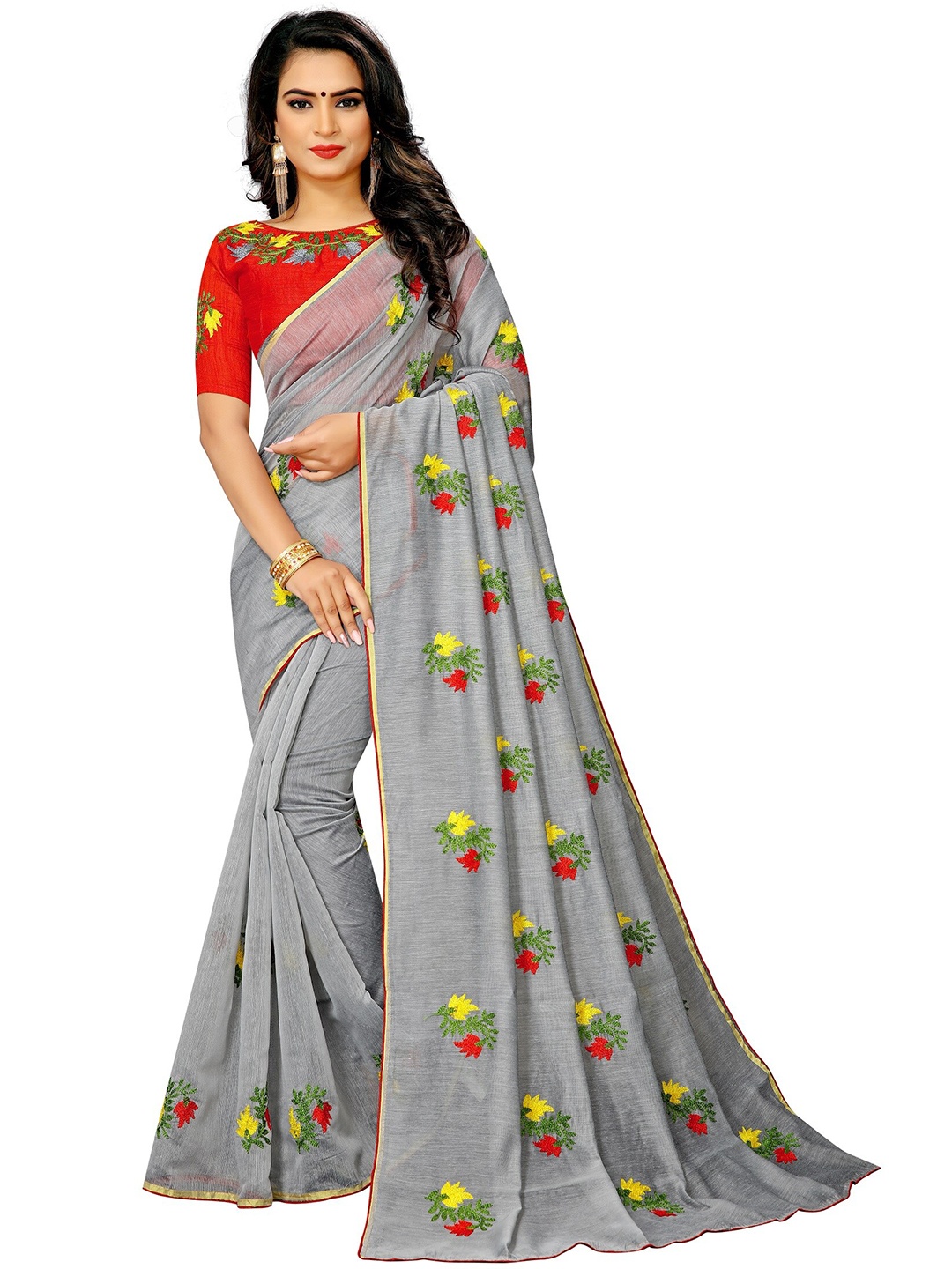 

APNISHA Grey & Red Floral Embroidered Pure Cotton Saree