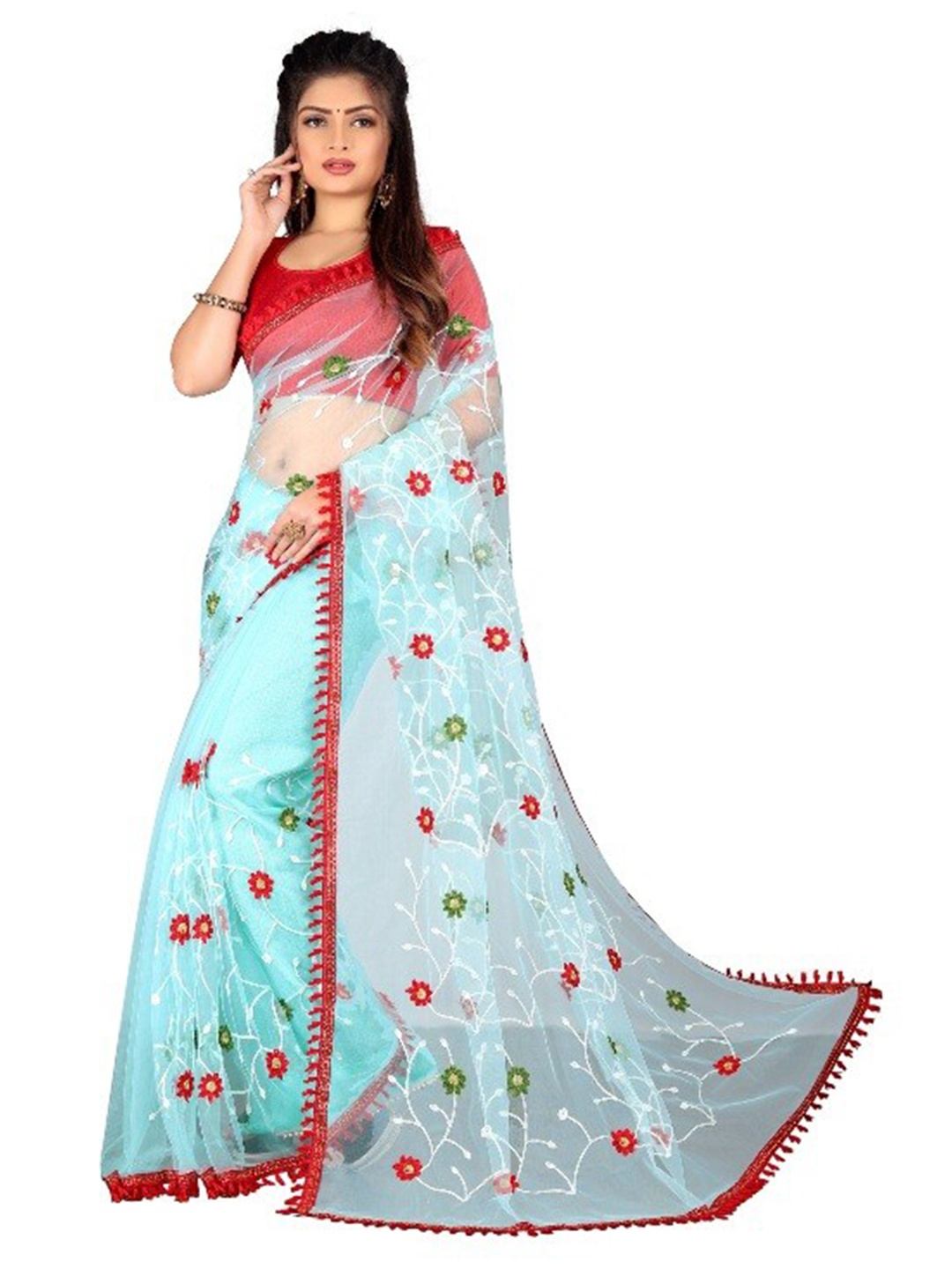 

APNISHA Blue & Red Floral Embroidered Net Saree