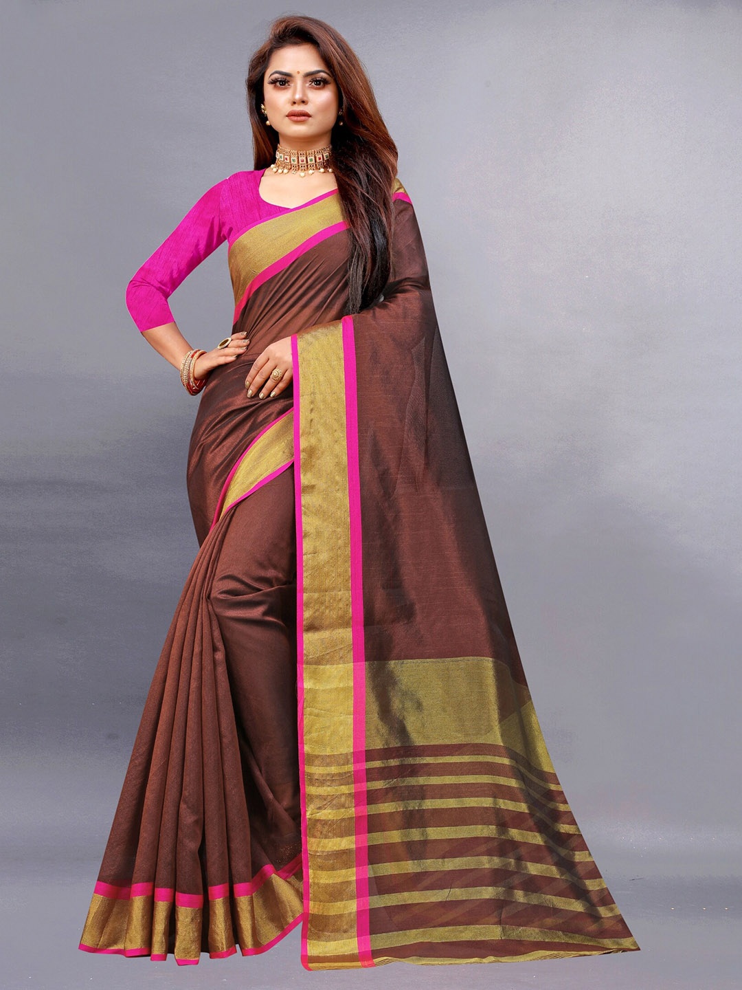 

APNISHA Brown & Gold-Toned Zari Pure Cotton Saree