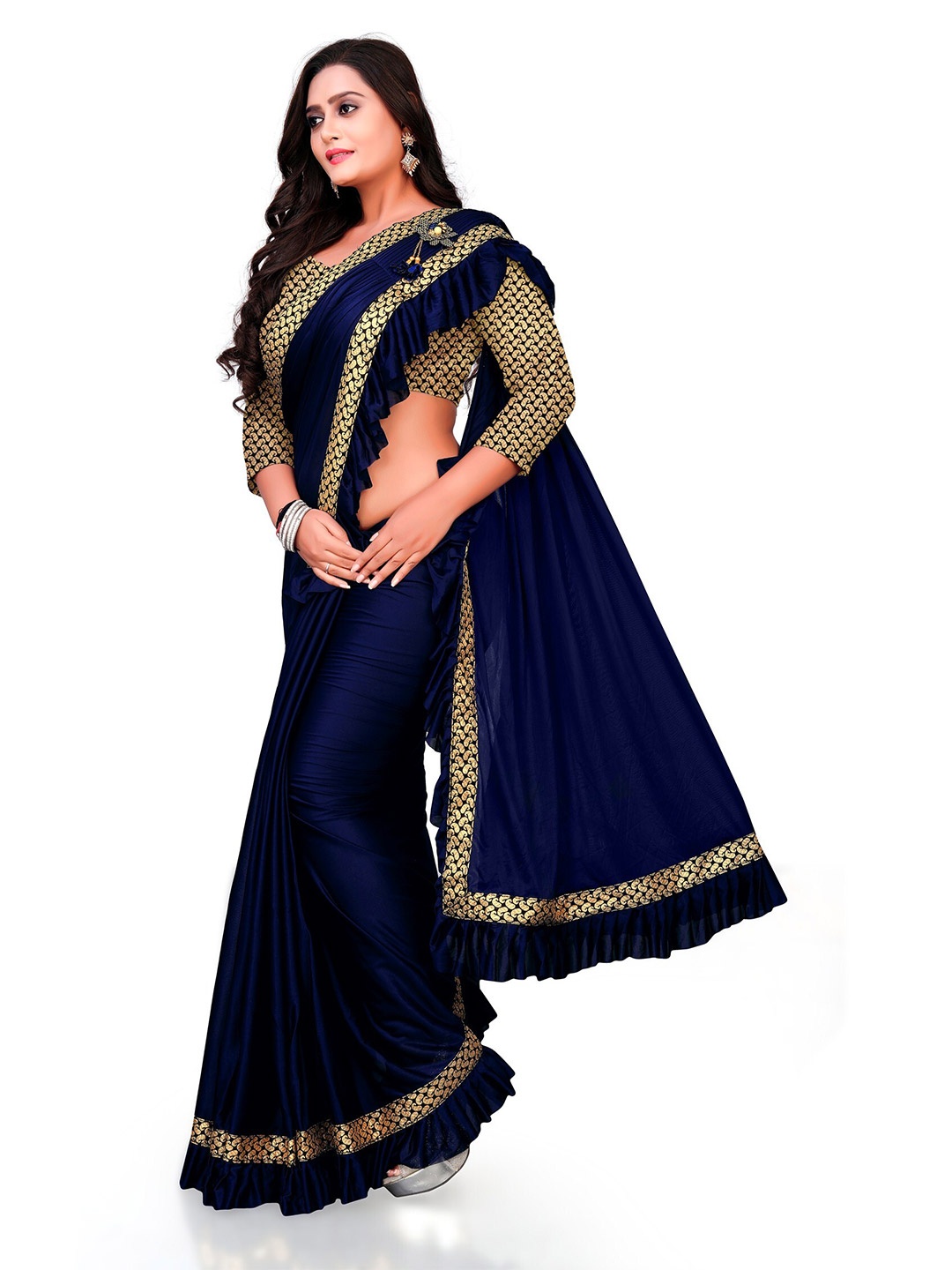 

APNISHA Navy Blue & Gold-Toned Saree