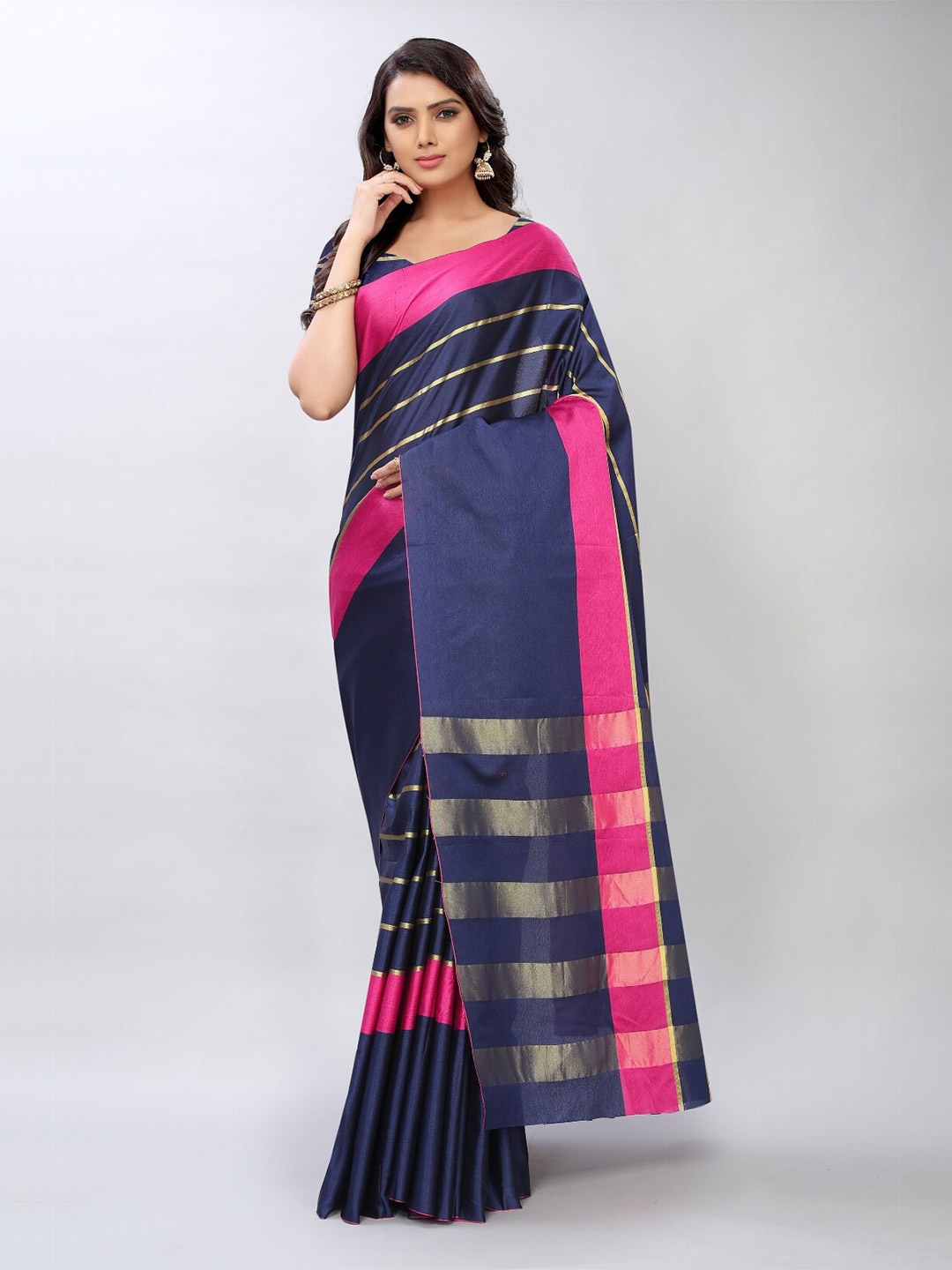 

APNISHA Navy Blue & Gold-Toned Striped Pure Cotton Saree
