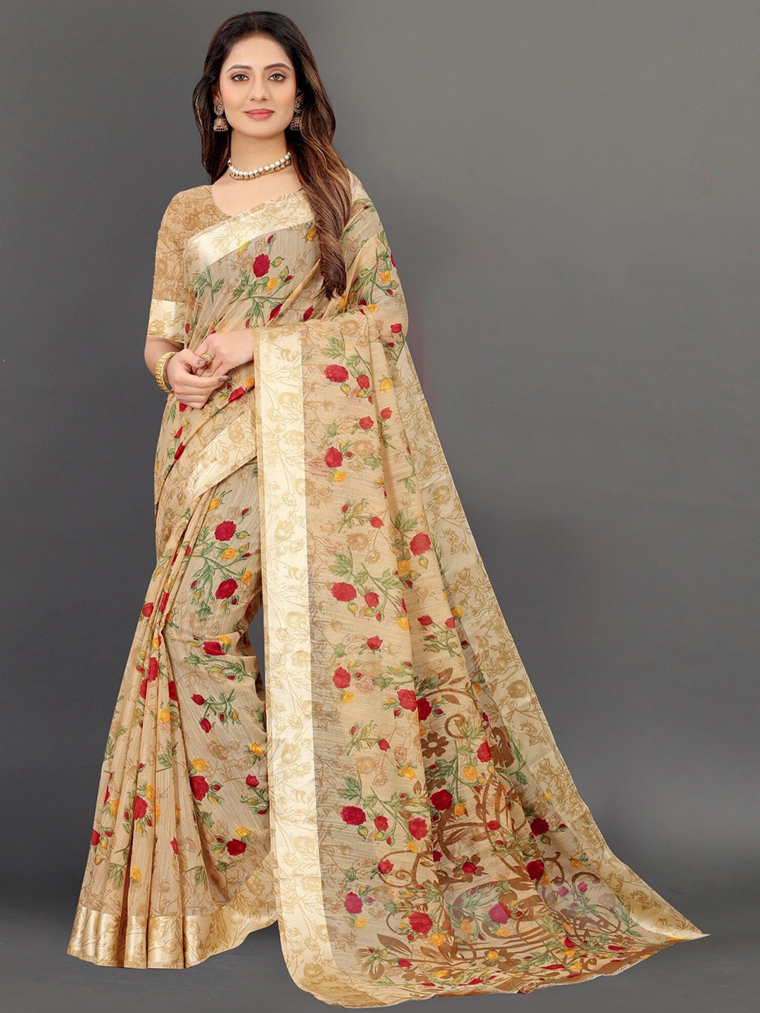 

APNISHA Beige & Green Floral Saree