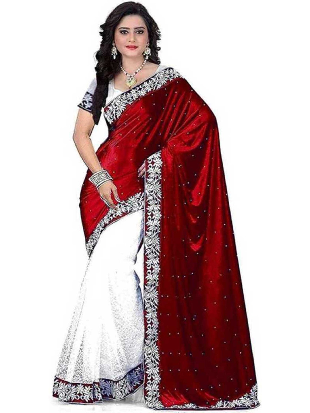 

APNISHA Maroon & White Velvet Heavy Work Saree