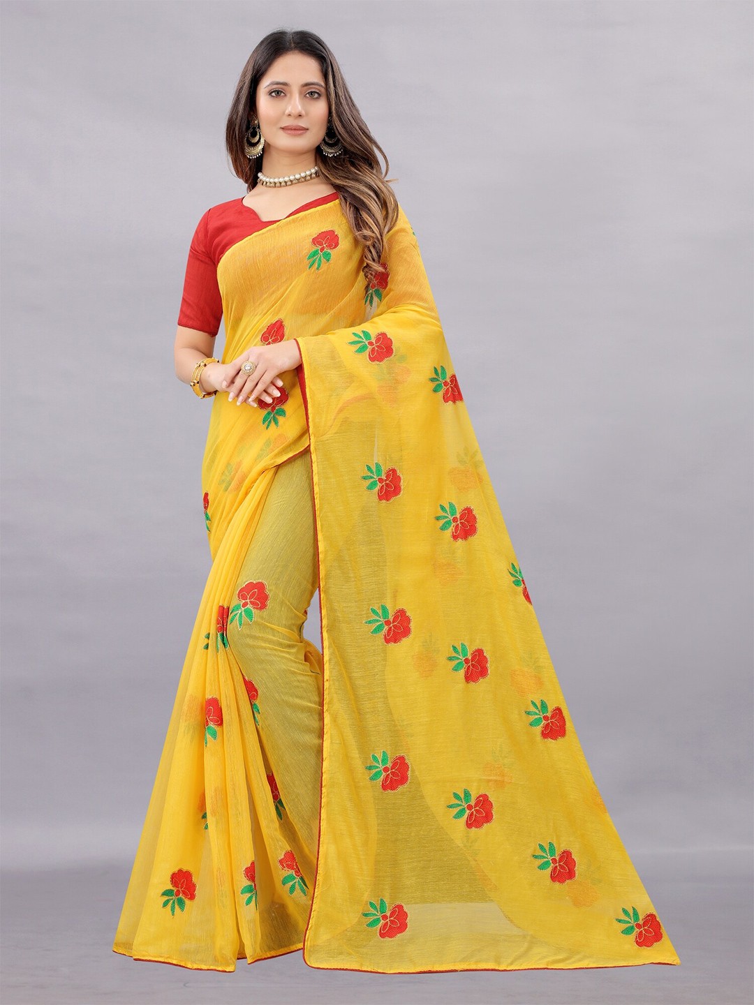 

APNISHA Yellow & Red Floral Embroidered Pure Cotton Saree