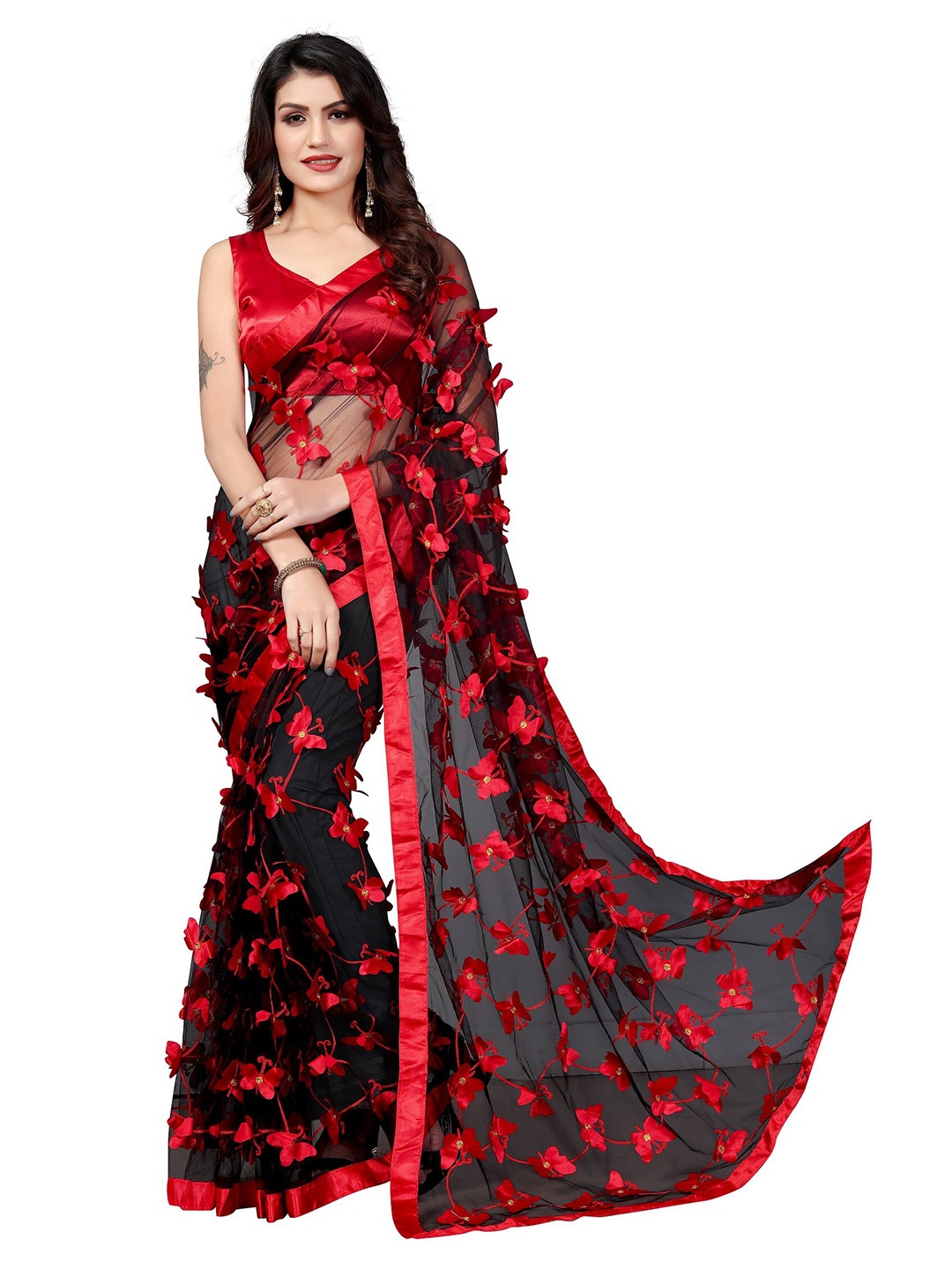 

APNISHA Black & Red Floral Net Saree