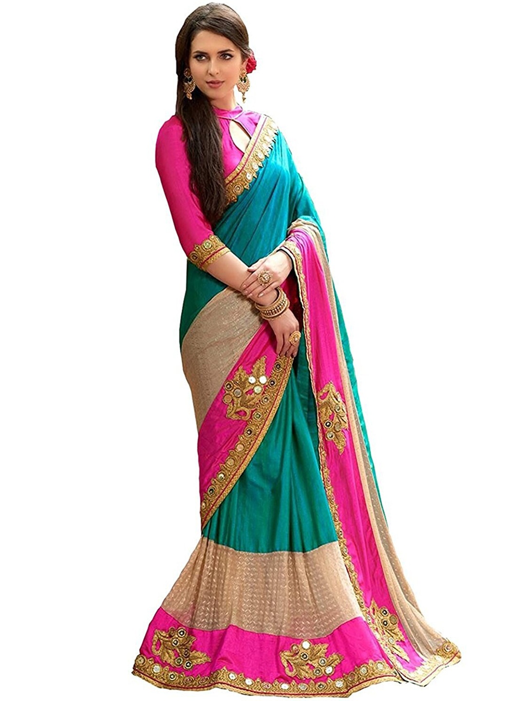 

APNISHA Teal & Pink Embroidered Pure Silk Saree
