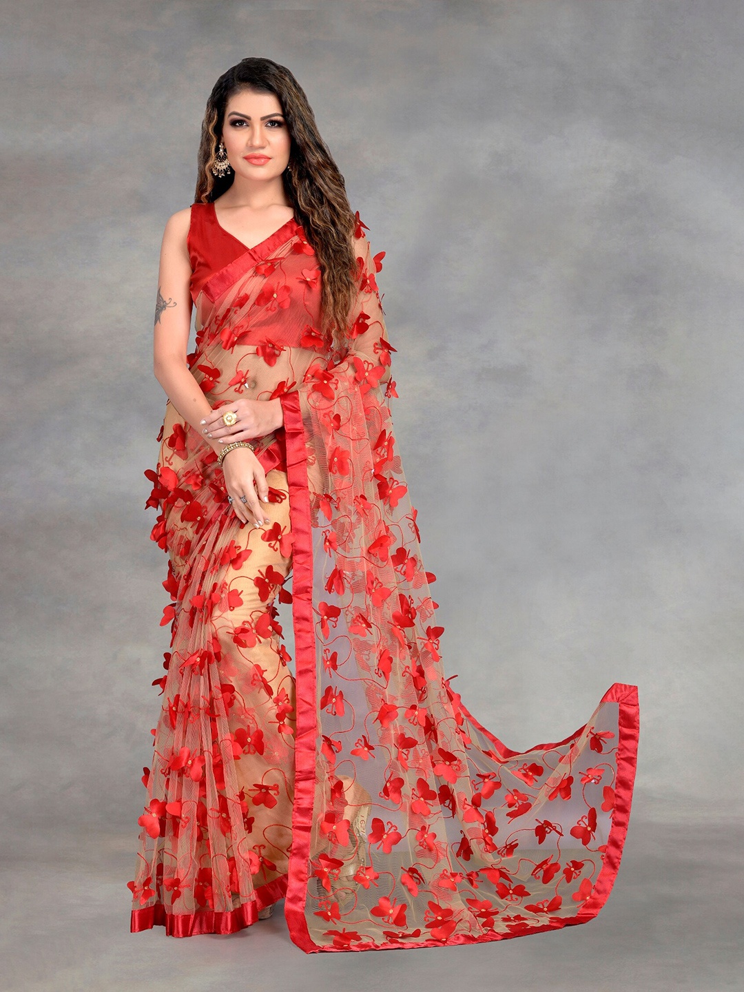 

APNISHA Beige & Red Floral Mukaish Net Half and Half Saree