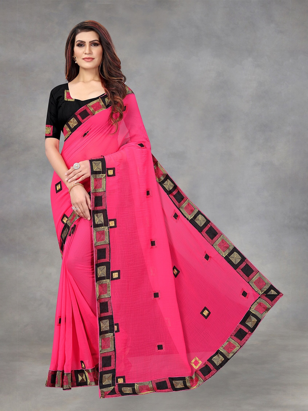 

APNISHA Pink & Black Embroidered Pure Chiffon Saree