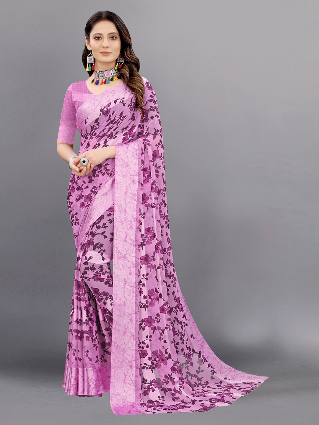 

APNISHA Purple & Pink Floral Pure Georgette Saree