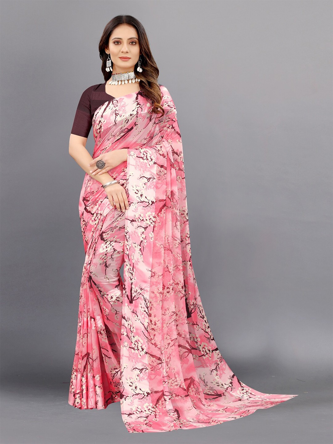 

APNISHA Pink & Brown Pure Georgette Saree