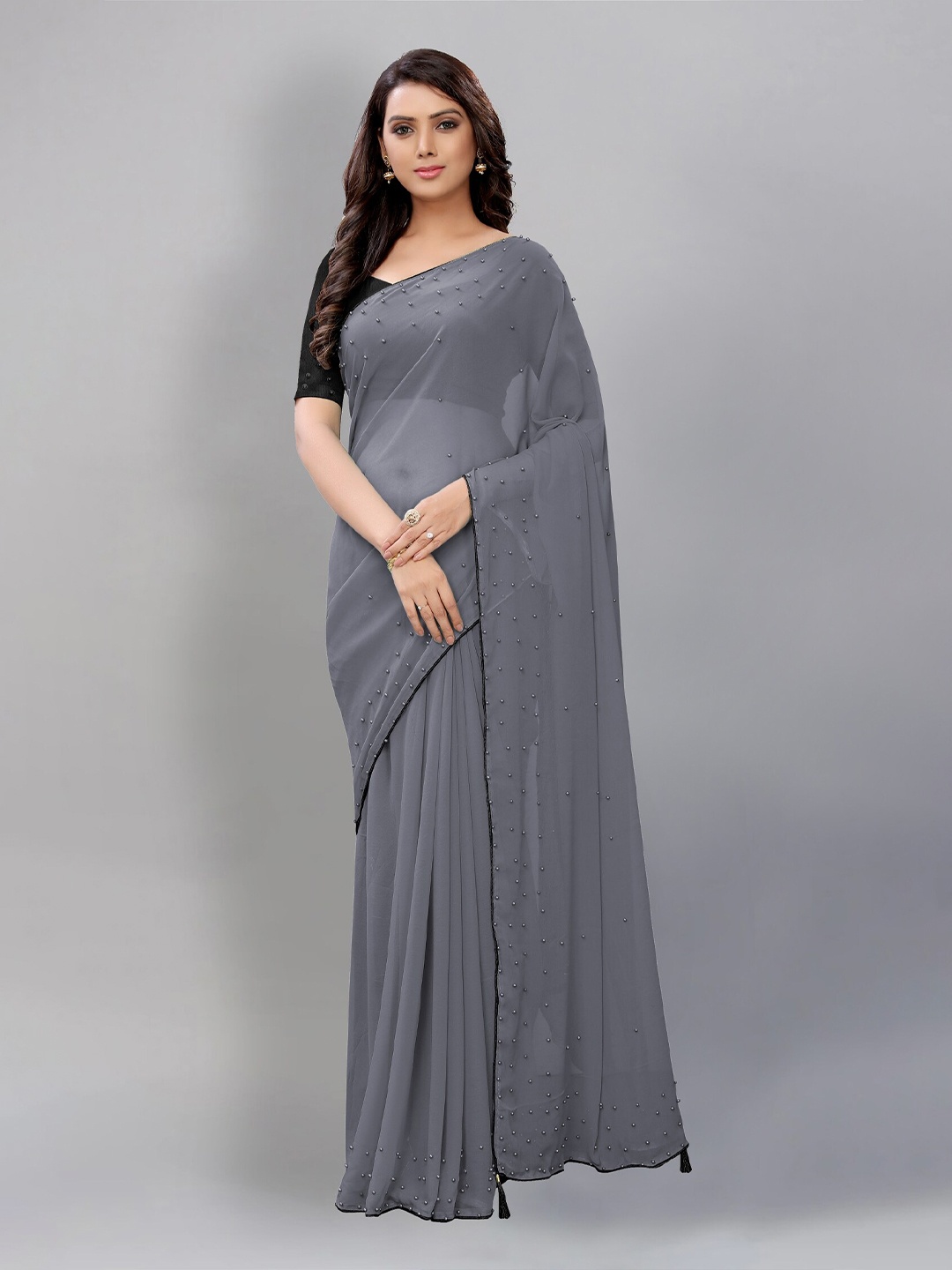 

APNISHA Grey Embellished Beads and Stones Pure Georgette Saree