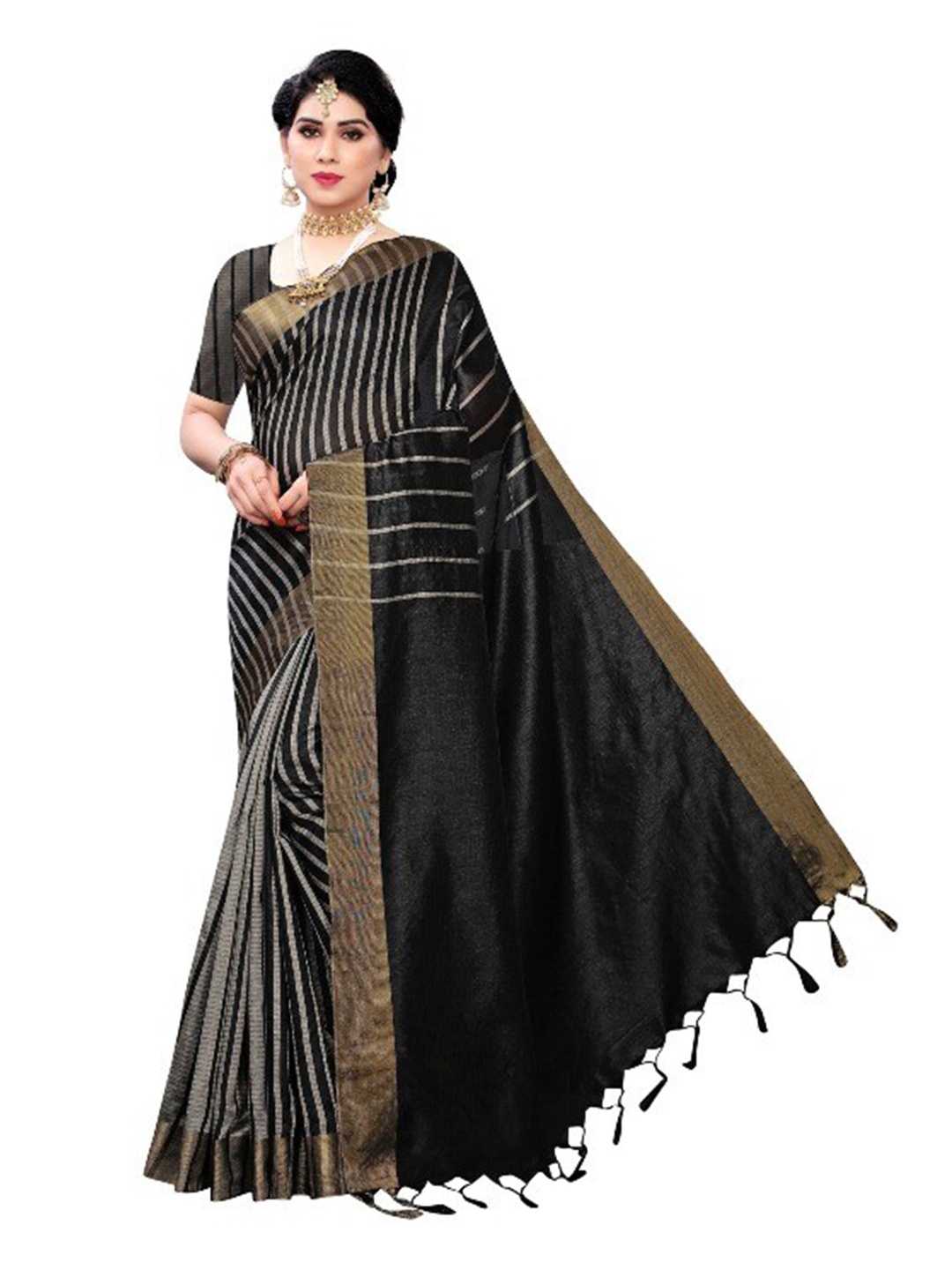 

APNISHA Black & Grey Leheriya Zari Pure Cotton Saree