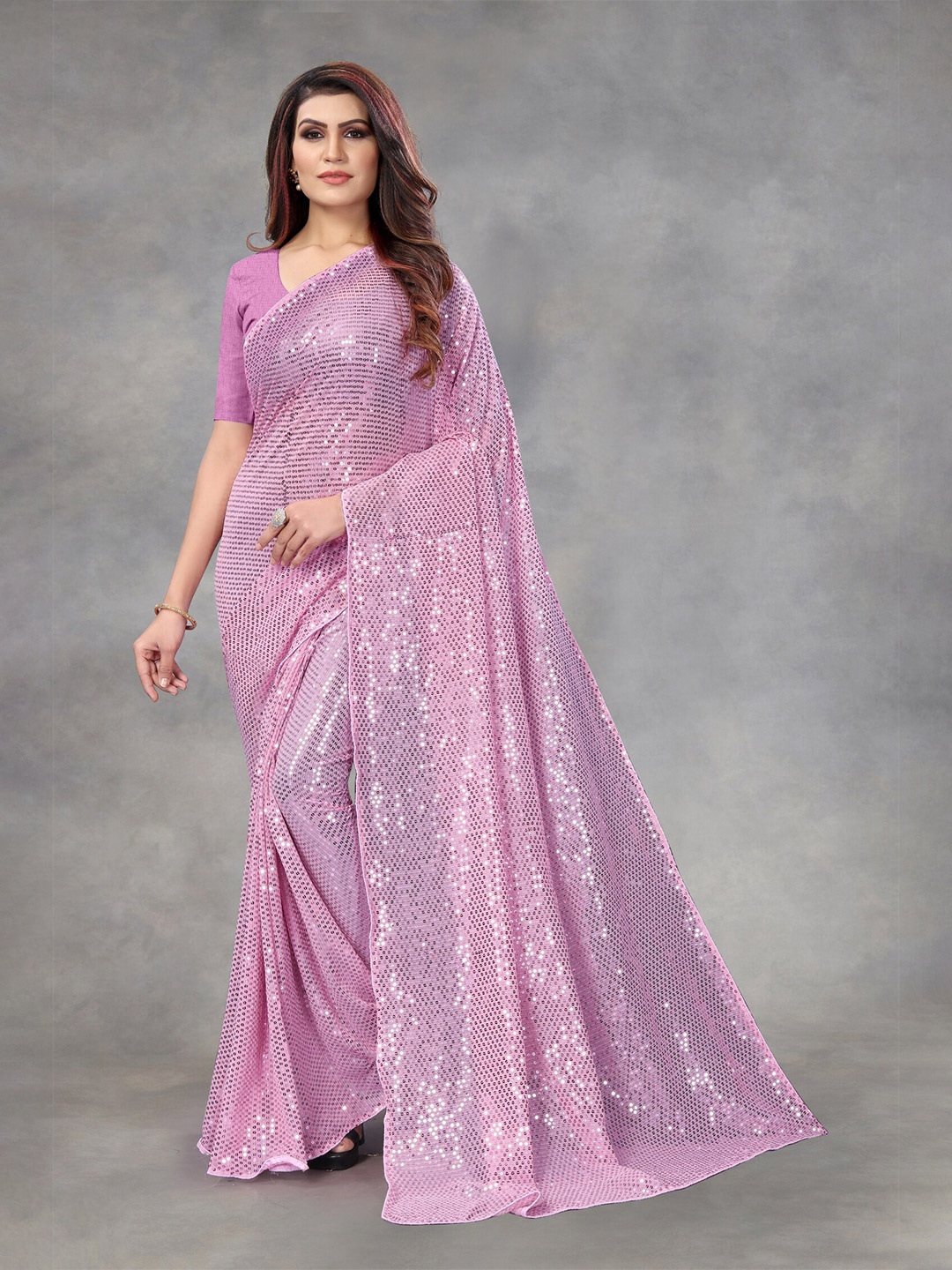 

APNISHA Pink Embellished Sequinned Pure Georgette Saree