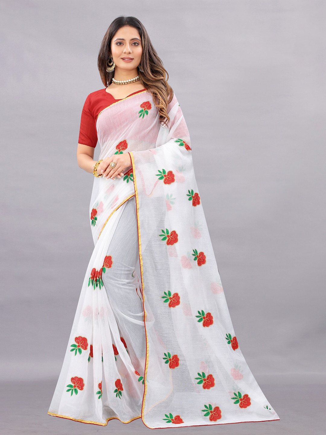 

APNISHA White & Red Floral Embroidered Pure Cotton Saree